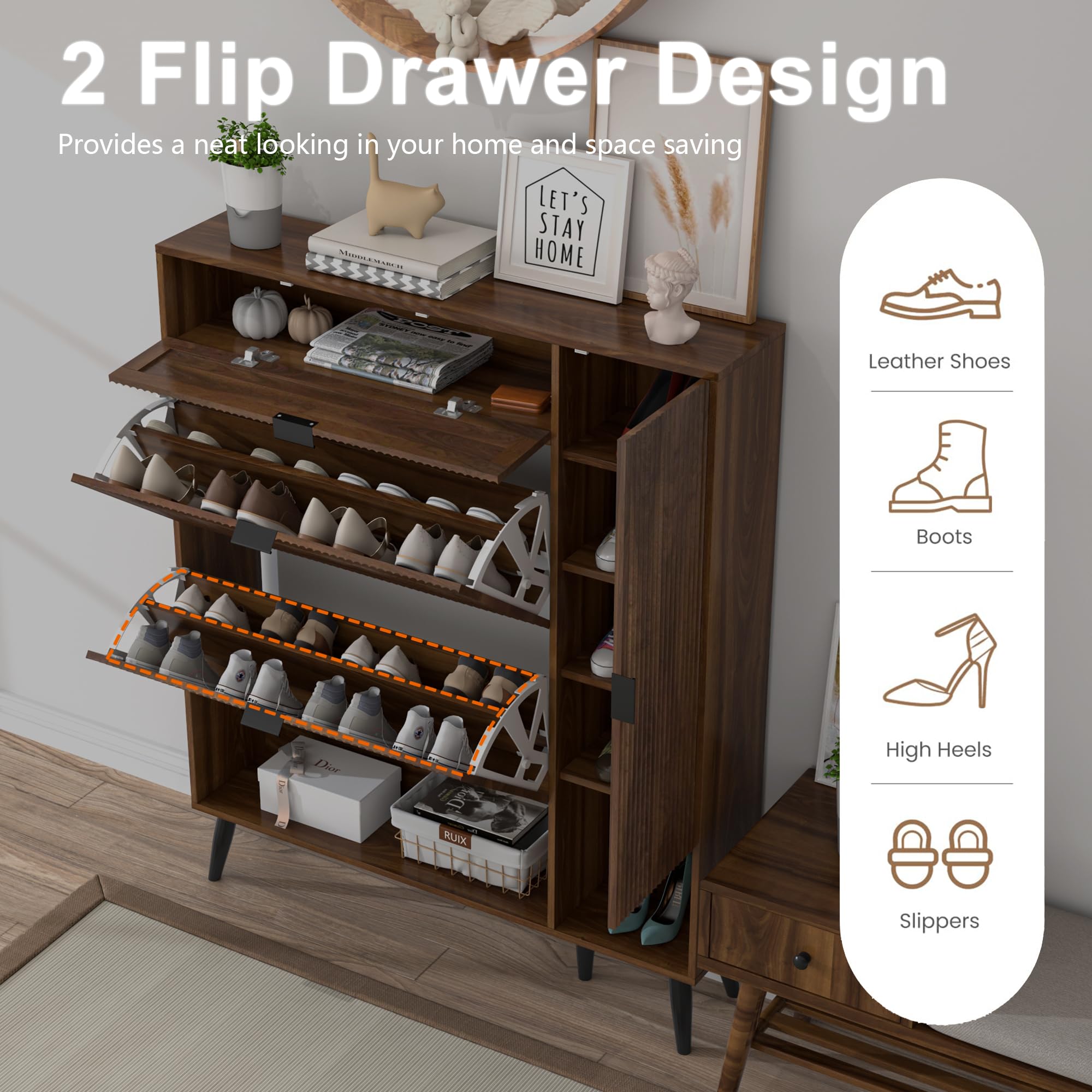 Shoe Storage Cabinet with 2 Flip Drawers - Narrow Freestanding Organizer with Doors & Adjustable Shelf - Slim Hidden Entryway Cabinet in Walnut - Perfect for Small Spaces, Closets & Mudrooms