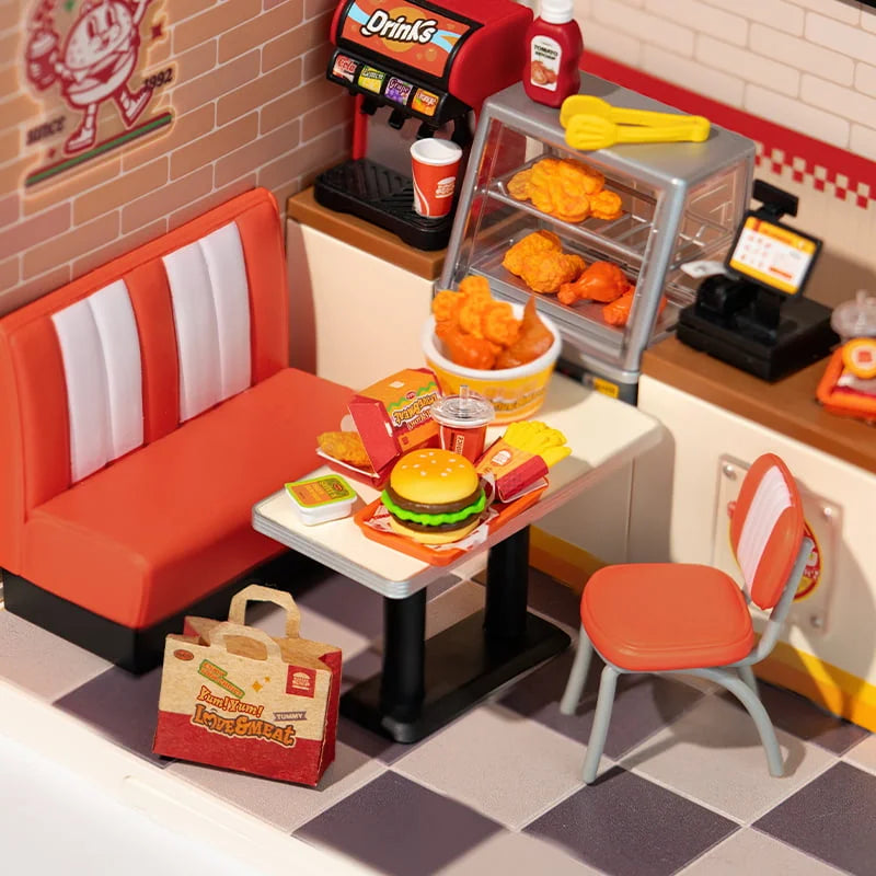 Rolife Yum Yum Burgers DIY Plastic Miniature House Kit - Creative Mini Burger Shop Model for Home Decor, Gift & Collectibles | Perfect for Craft Lovers, Miniature Enthusiasts & Room Decoration