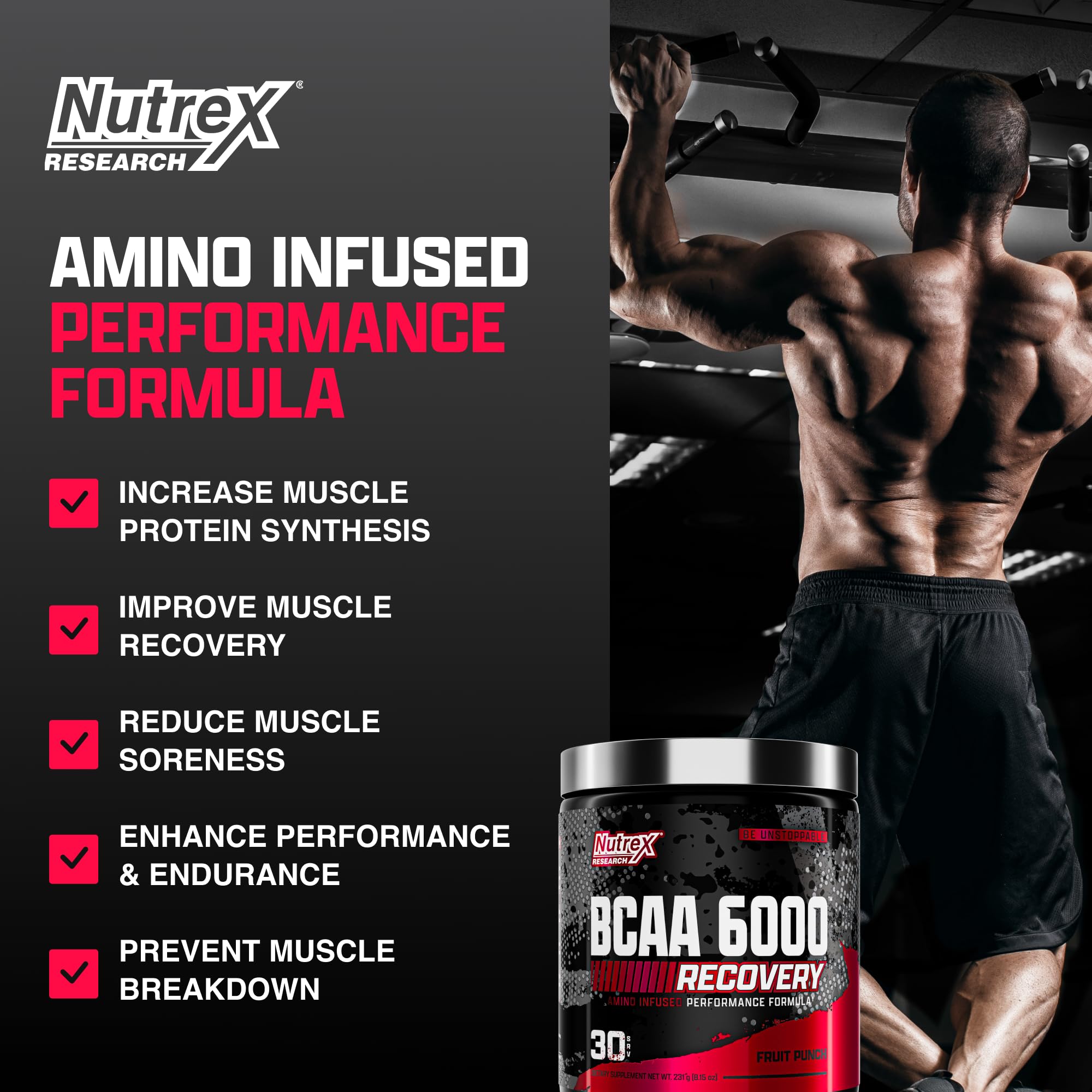 Nutrex Research BCAA Powder 6000 - 6g Branched Chain Amino Acids Supplement for Muscle Recovery & Growth - Post Workout Energy Drink with Essential Amino Acids (Fruit Punch, 30 Servings) - Ideal for Gym Training, Bodybuilding & Fitness Enthusiasts