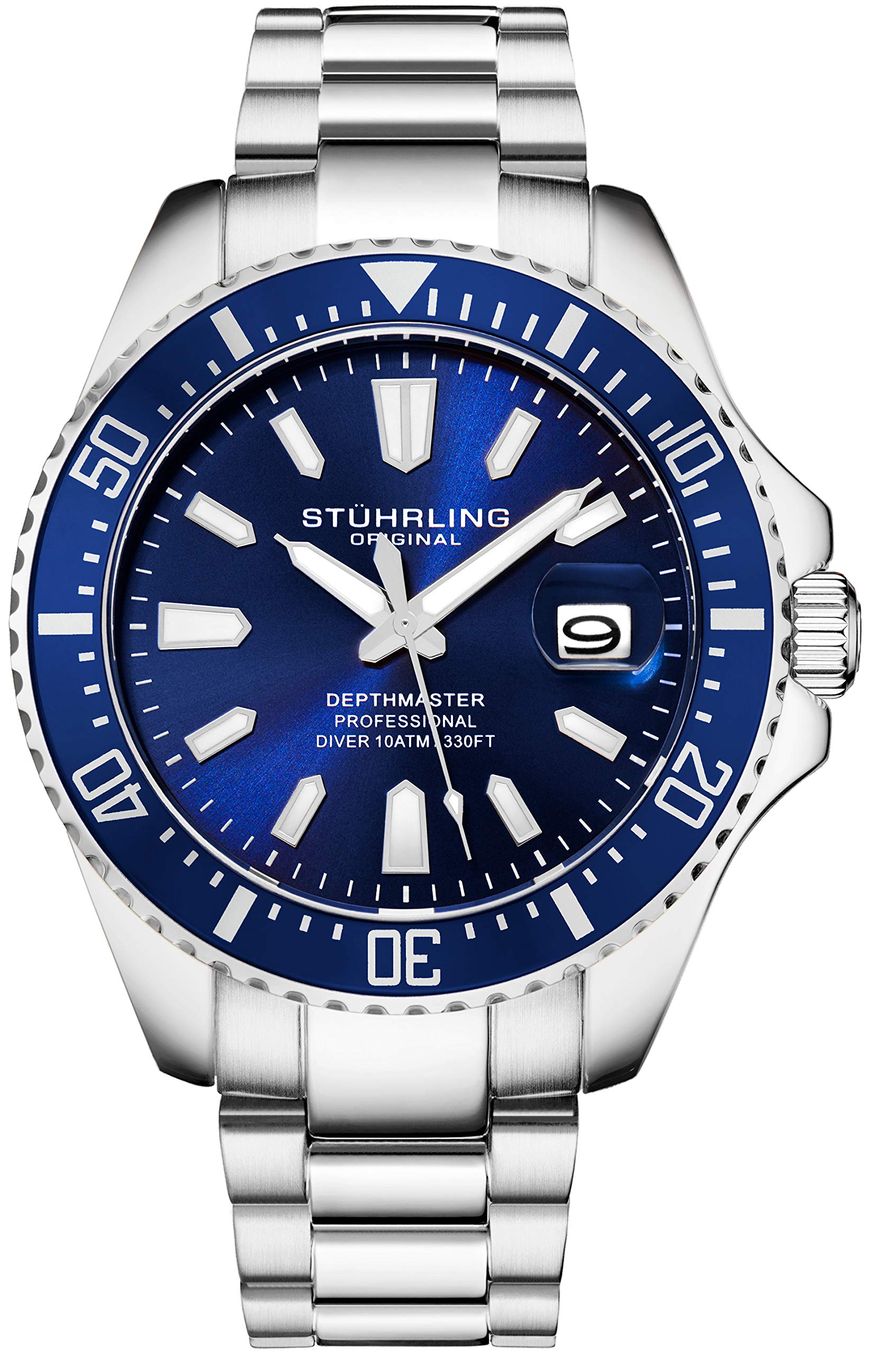 Stuhrling Original Men's Pro Diver Watch - 42mm Stainless Steel Case, Blue Dial, Silver Band - Waterproof Sports Watch for Diving, Swimming & Outdoor Activities