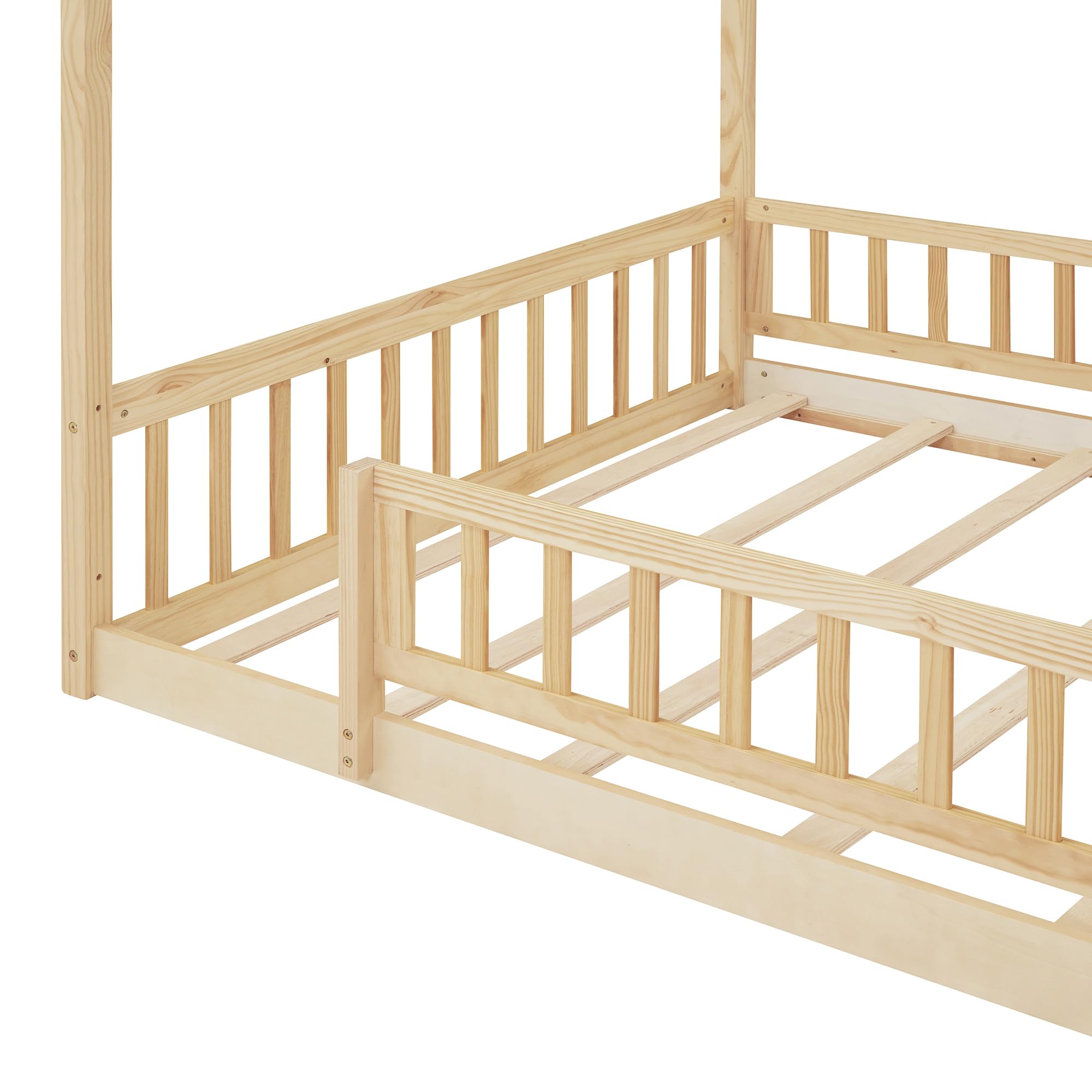 Montessori Floor Bed for Kids - Full Size Wood House Bed Frame with Safety Fence | Natural Wood Playhouse Bed | Toddler Floor Bed for Safe Sleep & Playtime Fun