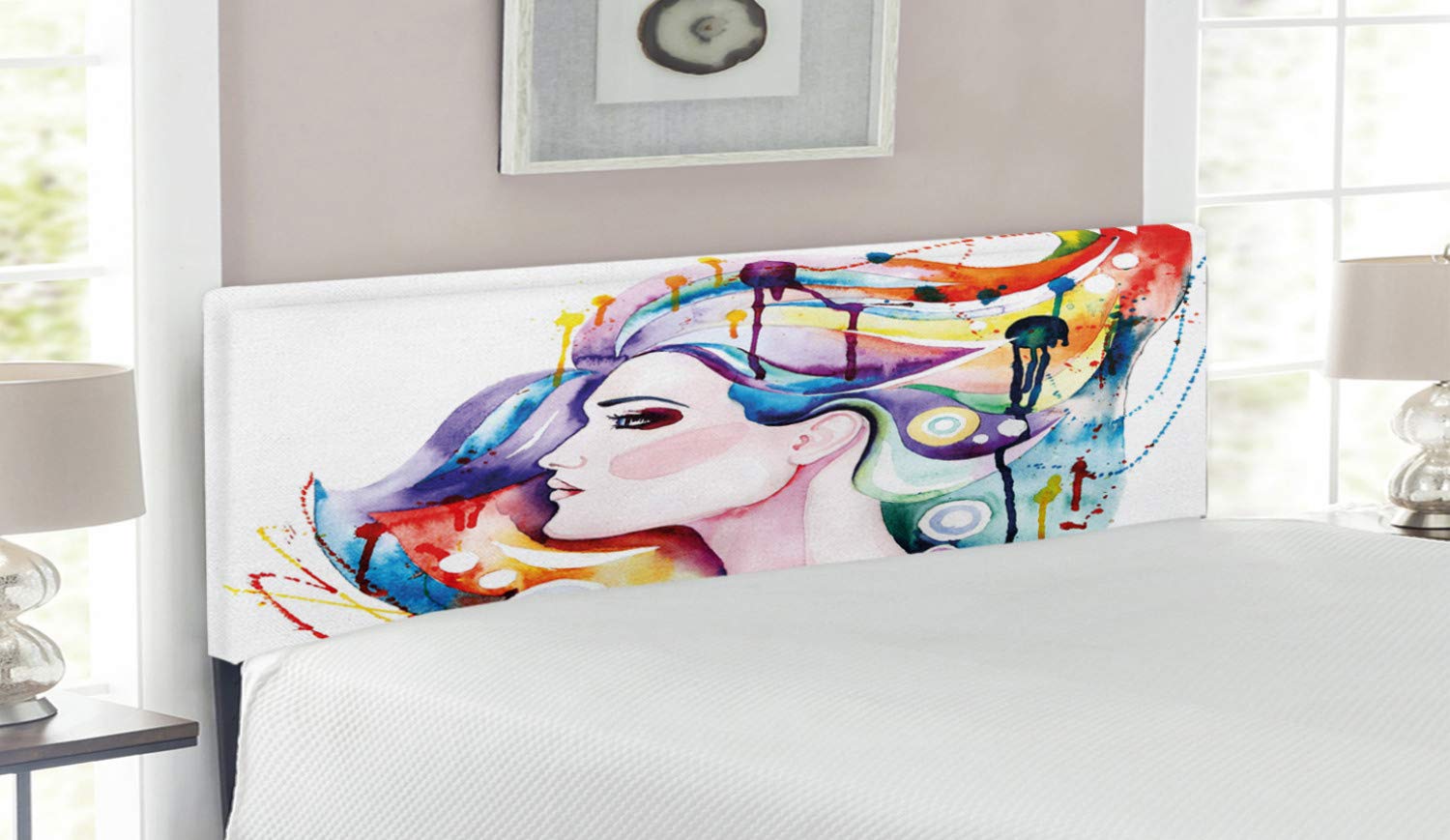 Ambesonne Grunge Art Headboard - Abstract Watercolor Design with Rainbow-Haired Woman, Upholstered Metal Bed Frame with Memory Foam, Queen Size Multicolor Headboard for Bohemian & Modern Bedrooms