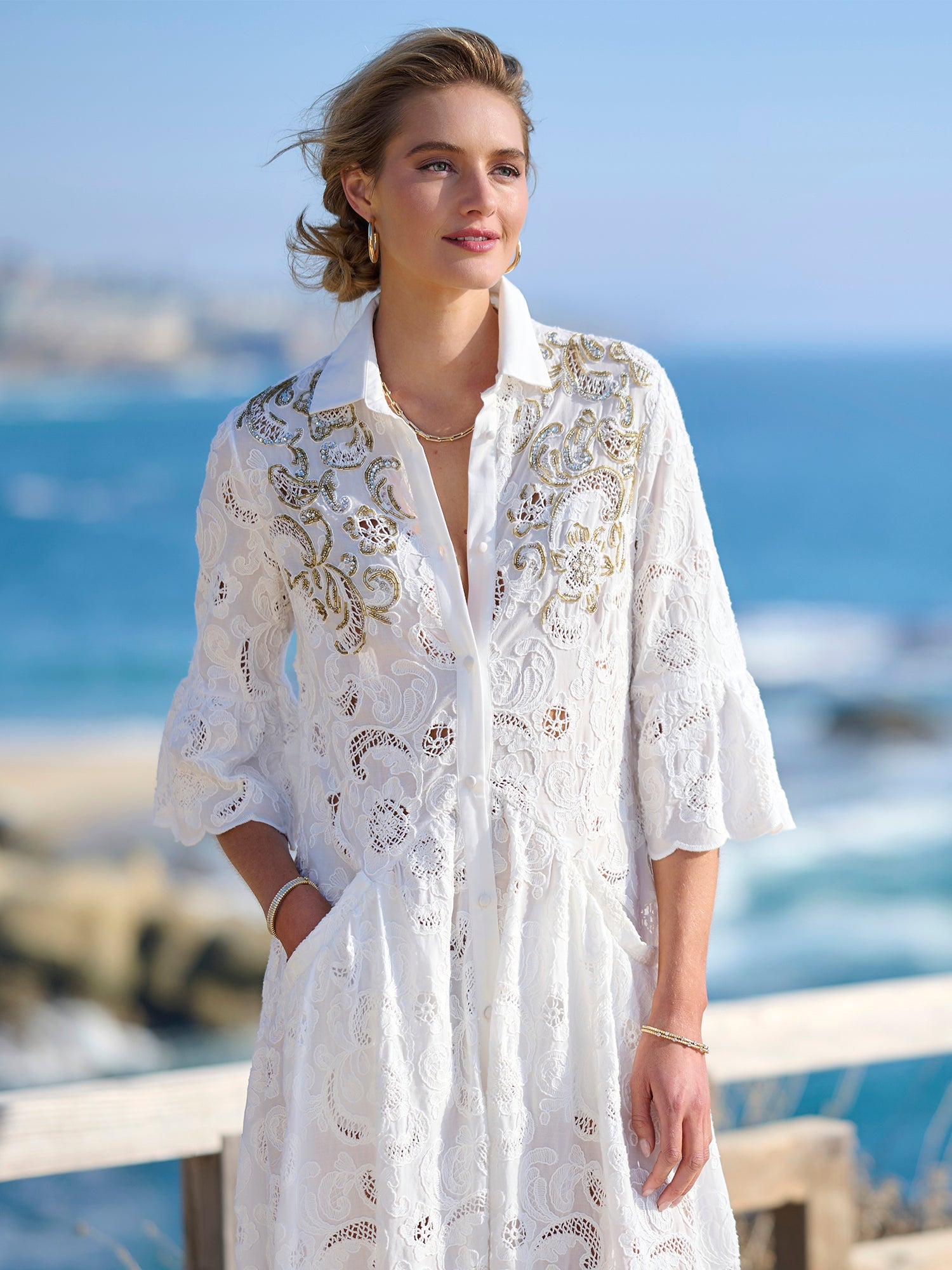 Elegant Iris Eyelet Embroidered Floral Summer Dress for Women - Perfect for Garden Parties, Weddings & Beach Vacations