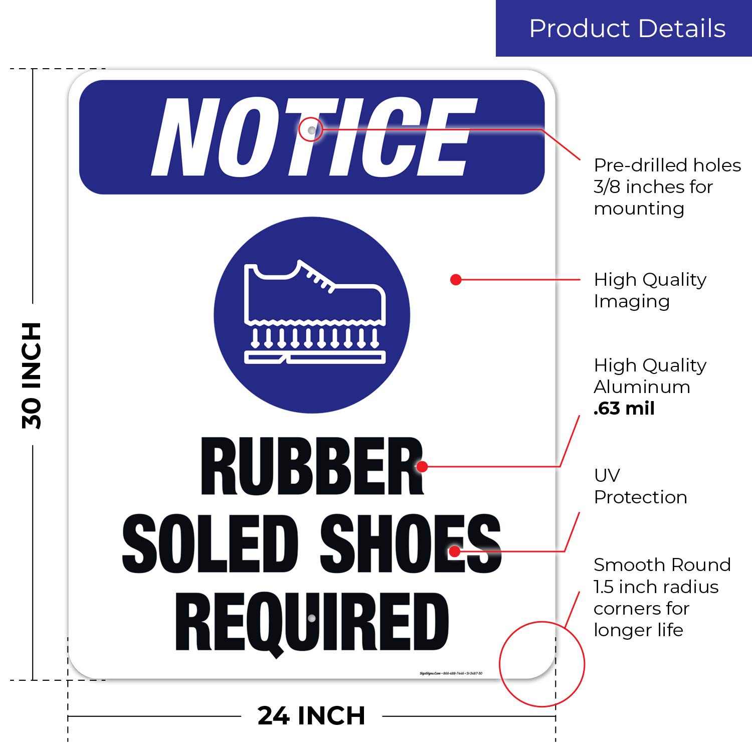 OSHA Compliant Rubber Soled Shoes Required Sign - 24x30 Inch Rust-Free .063 Aluminum Safety Sign - Fade Resistant for Indoor/Outdoor Use - Made in USA - Perfect for Factories, Warehouses & Construction Sites
