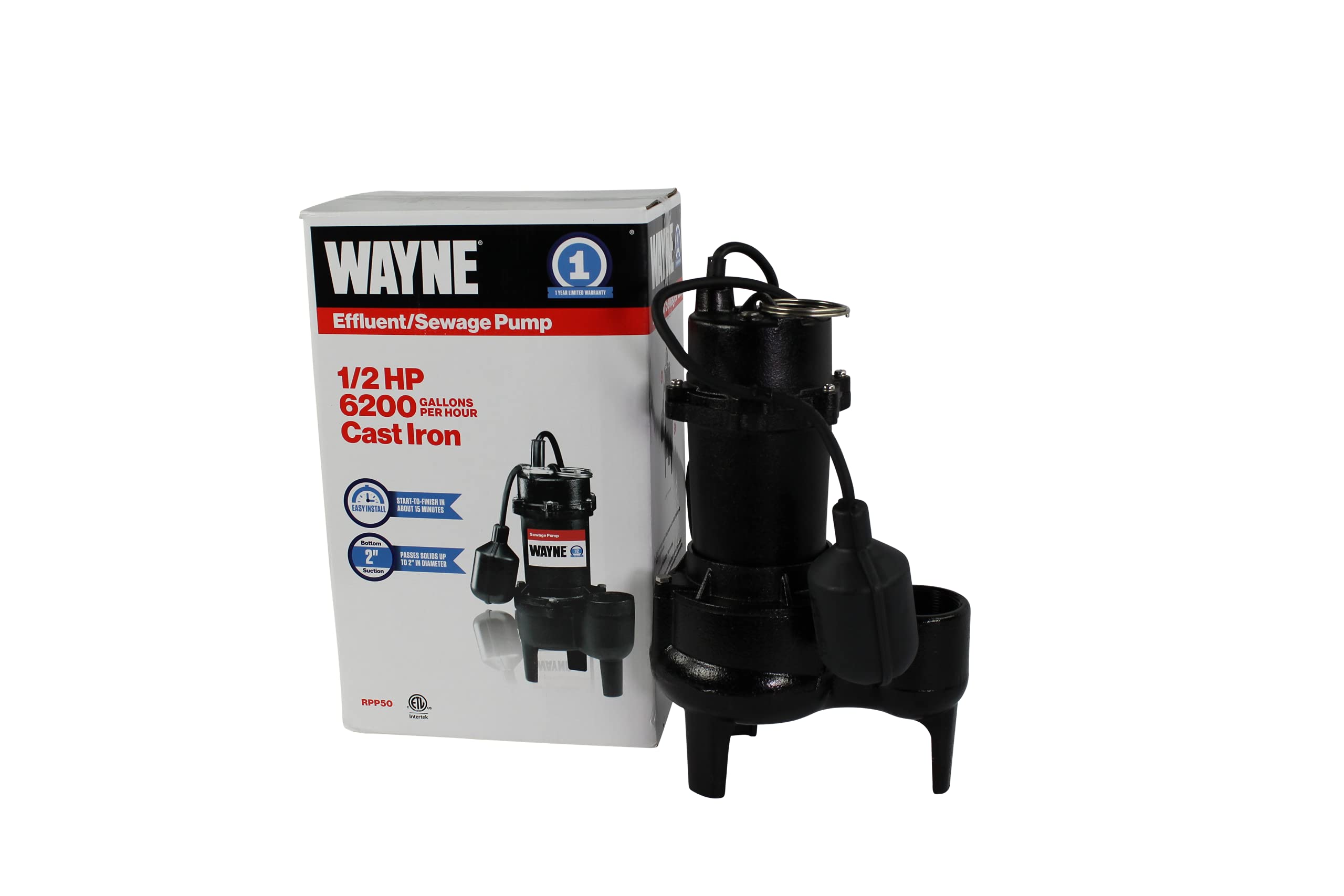 Wayne RPP50 Cast Iron Sewage Pump with Piggy Back Tether Float Switch - Heavy Duty Submersible Water Pump for Basement, Sump Pit, and Septic Tank Drainage