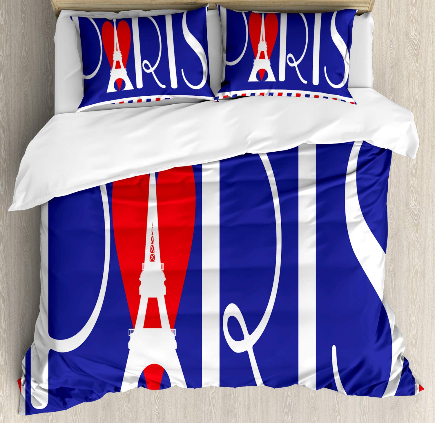 Ambesonne Paris Themed Duvet Cover Set - Queen Size 3-Piece Bedding with Eiffel Tower Design & Bold Lettering, Dark Violet & Coral (Includes 2 Pillow Shams) | Perfect for Paris-Themed Bedrooms, Travel Lovers & Home Decor
