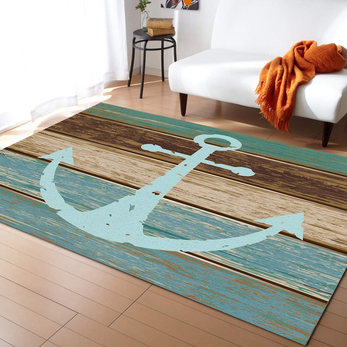 5' x 7' Teal Anchor Area Rug - Turquoise Brown Farmhouse Style Washable Indoor Outdoor Carpet with Wooden Grain Texture | Perfect for Living Room, Bedroom, Bathroom, Kitchen, Hallway, Classroom & Kids Play Area | Durable Floor Mat for Home Decor & High Traffic Areas