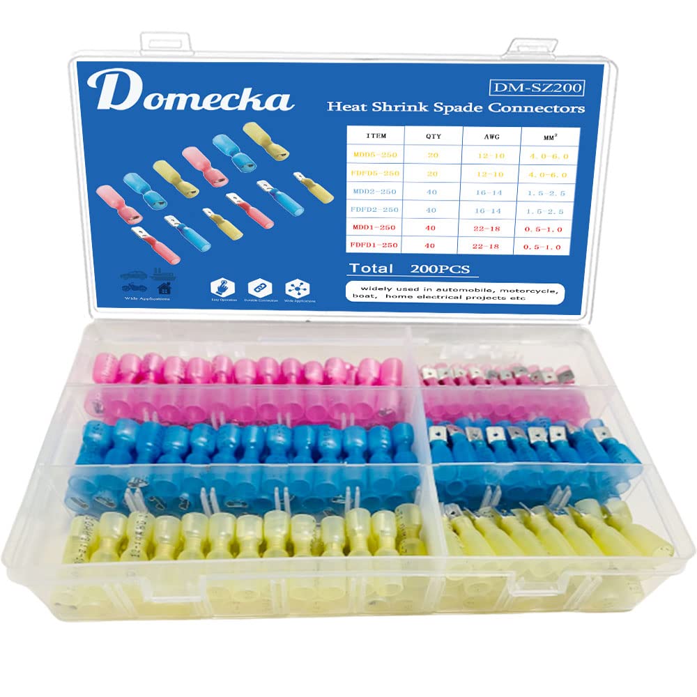 200pcs Heat Shrink Spade Connectors - Insulated Quick Disconnect Electrical Terminals for Automotive, Marine & Home Wiring Projects - Waterproof Wire Connectors Kit (Red, Blue, Yellow) - Perfect for DIY Electrical Repairs, Boat Wiring & Car Stereo Installations