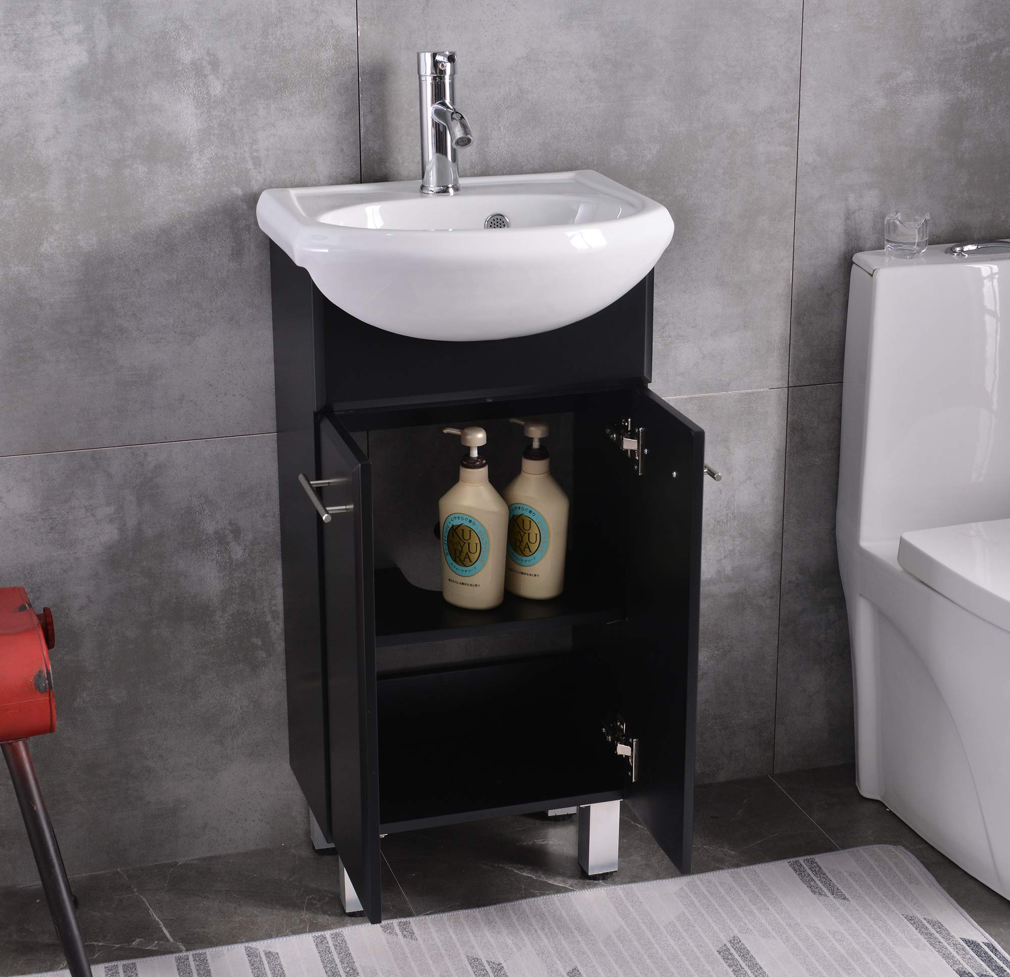 18 Inch Small Bathroom Cabinet Vanity Set with Mirror, Ceramic Vessel Sink & Faucet - Includes Drain, Black - Perfect for Powder Rooms, Guest Baths & Compact Spaces