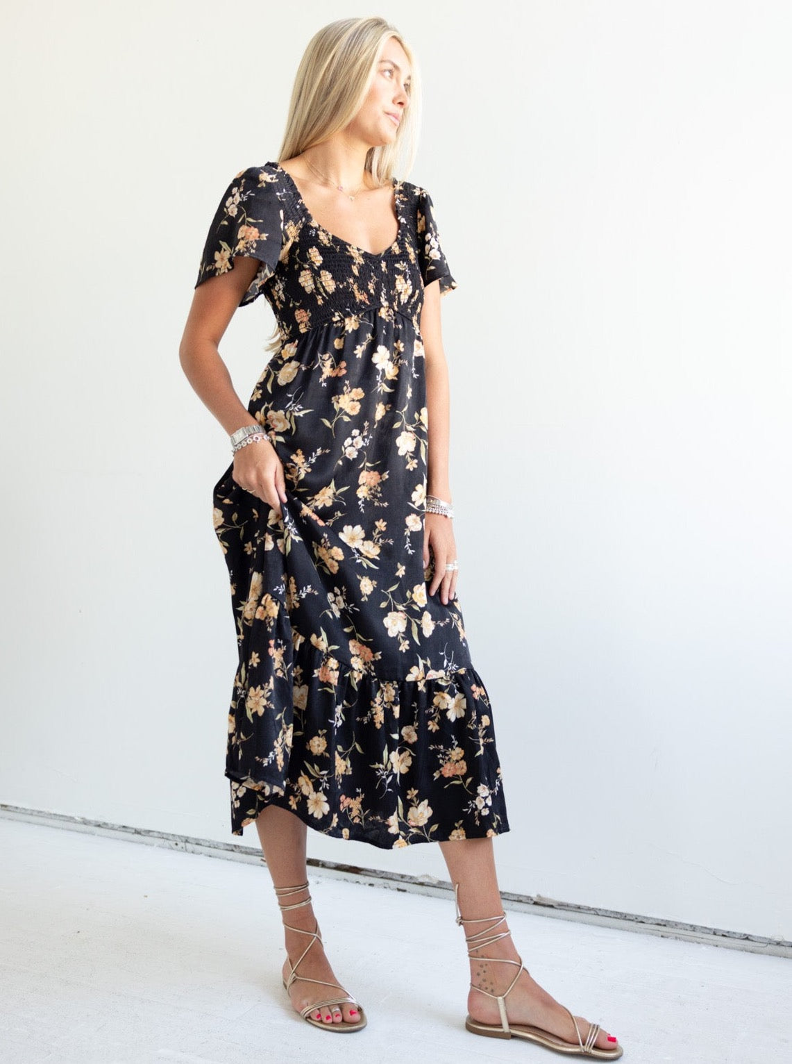 Bree Floral Maxi Dress - Women's Summer Long Flowy Boho Dress with V-Neck & Puff Sleeves | Perfect for Beach Vacations, Music Festivals & Casual Outings