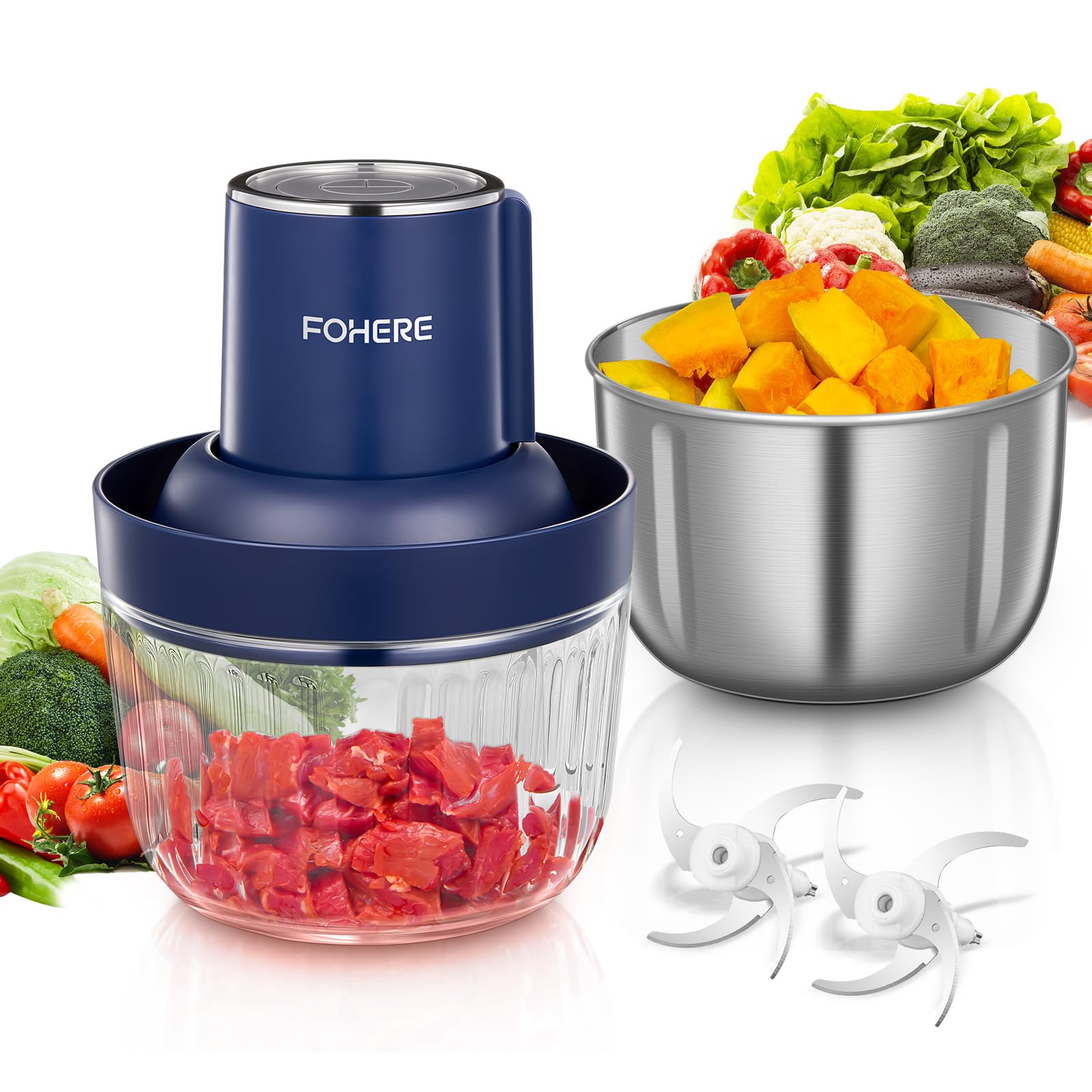 FOHERE 8-Cup & 7-Cup Electric Food Processor with Meat Grinder - 2 Bi-Level Stainless Steel Blades for Chopping Vegetables, Fruits, Nuts & Making Baby Food - Compact Kitchen Appliance for Meal Prep, Smoothies & Healthy Cooking (Blue)
