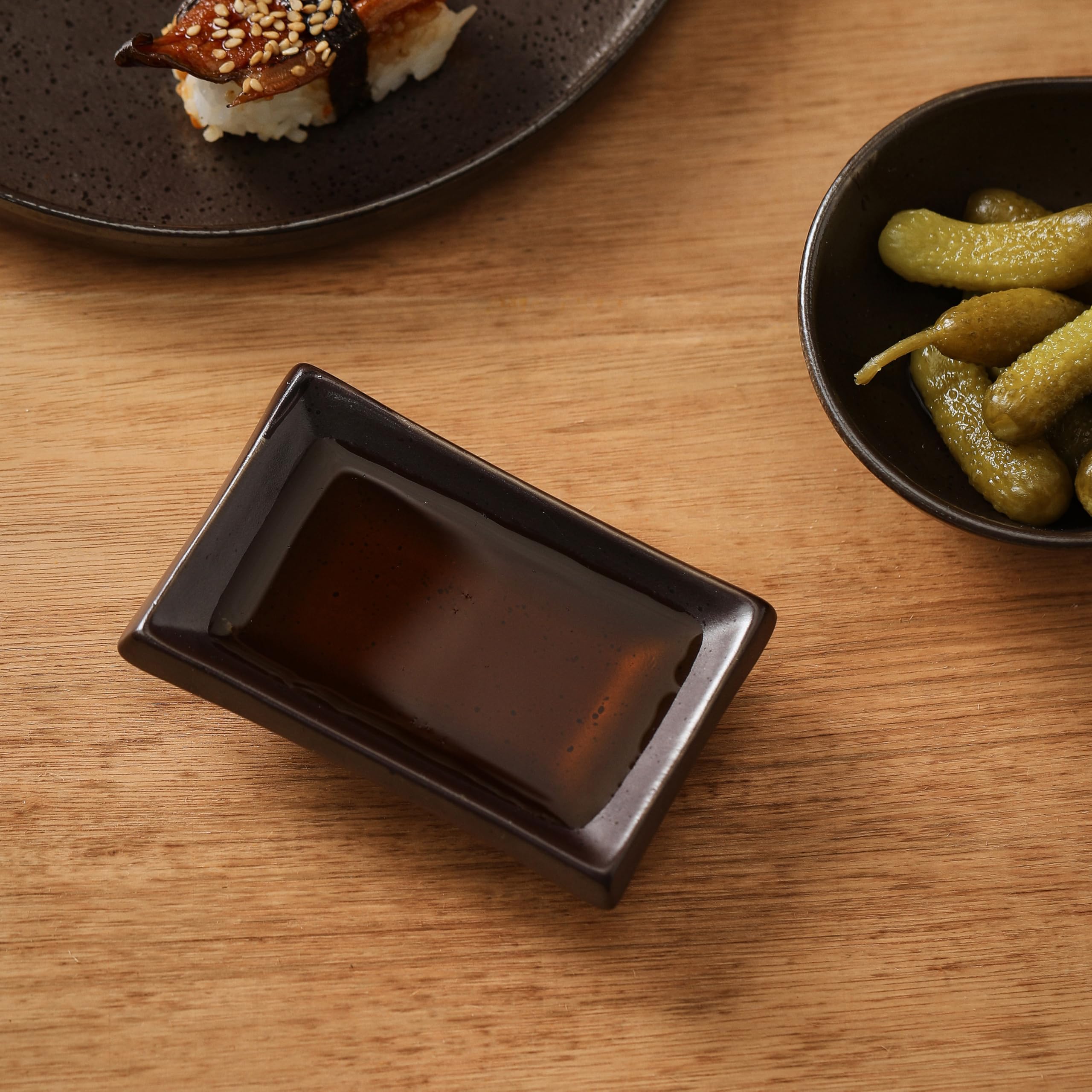 4 Inch Ceramic Sauce Dish - Japanese Rectangular Sushi Dipping Bowl, Appetizer Plates for Soy Sauce, Wasabi & Snacks (4-Pack, Dark Brown) - Perfect for Home Kitchen, Sushi Parties & Asian Dining Experience