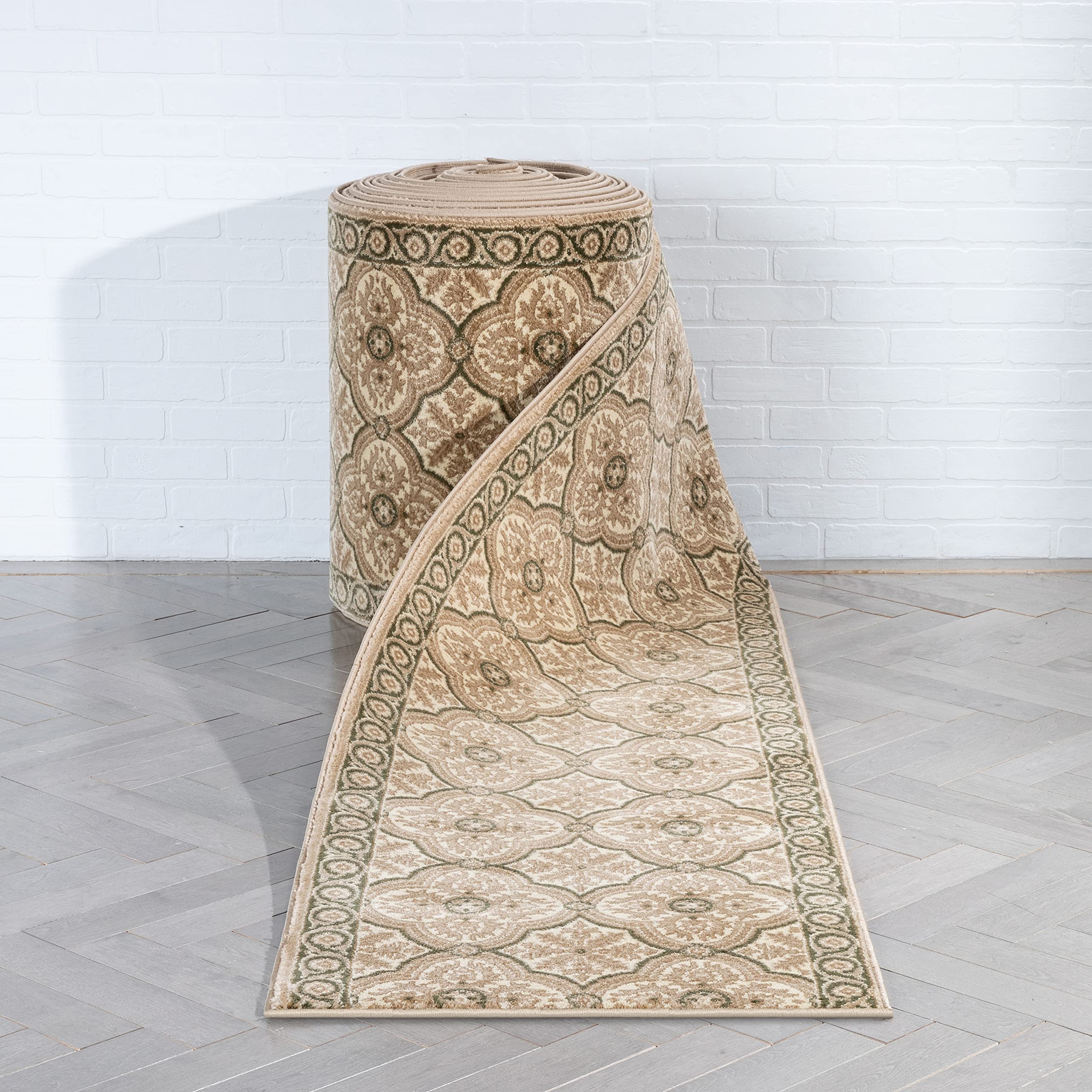Well Woven Custom Size Runner Rug - Silas Beige Quatrefoil Pattern 27