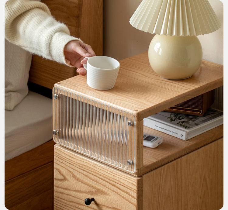 Solid Oak Wood Nightstand with Wheels and Built-in Light - Narrow Bedside Table for Small Spaces - Perfect for Bedrooms, Dorms, and Apartments