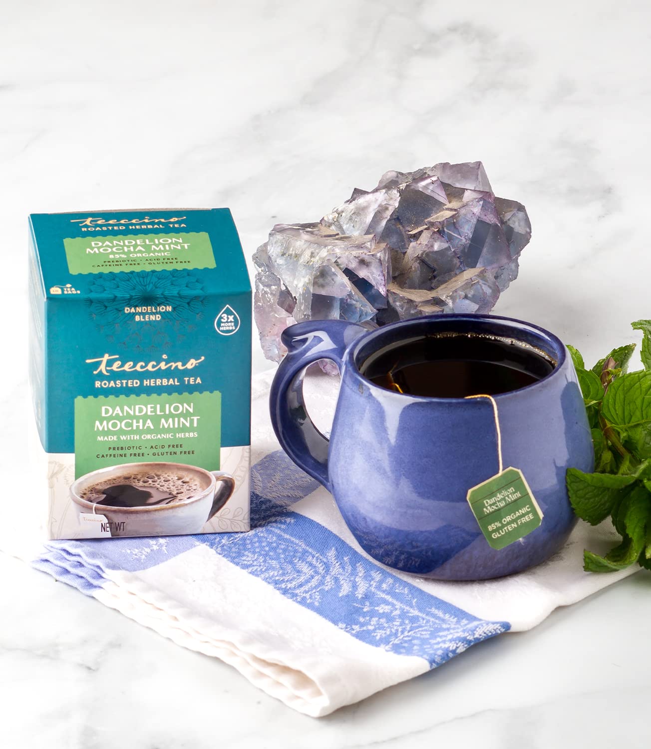 Teeccino Dandelion Mocha Mint Herbal Tea - Caffeine Free, Prebiotic Rich, Gluten Free Roasted Herbal Tea with 3x More Herbs - 25 Tea Bags for Relaxation & Digestive Health
