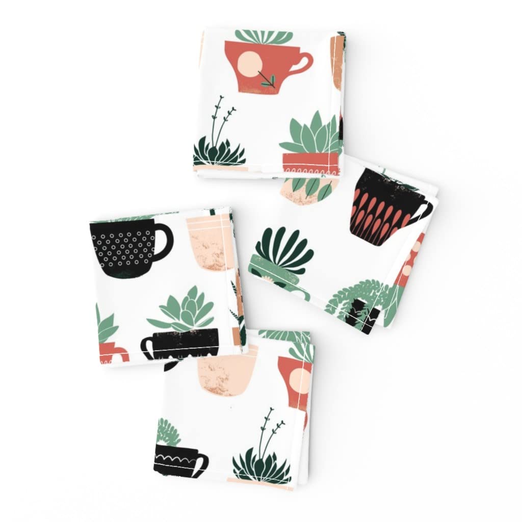 Succulent & Cactus Print Cocktail Napkins Set of 4 - Scandinavian Style Linen Cotton Blend - Boho Summer Teacup Design in Coral Green - Perfect for Dinner Parties, Cocktail Hours & Home Decor