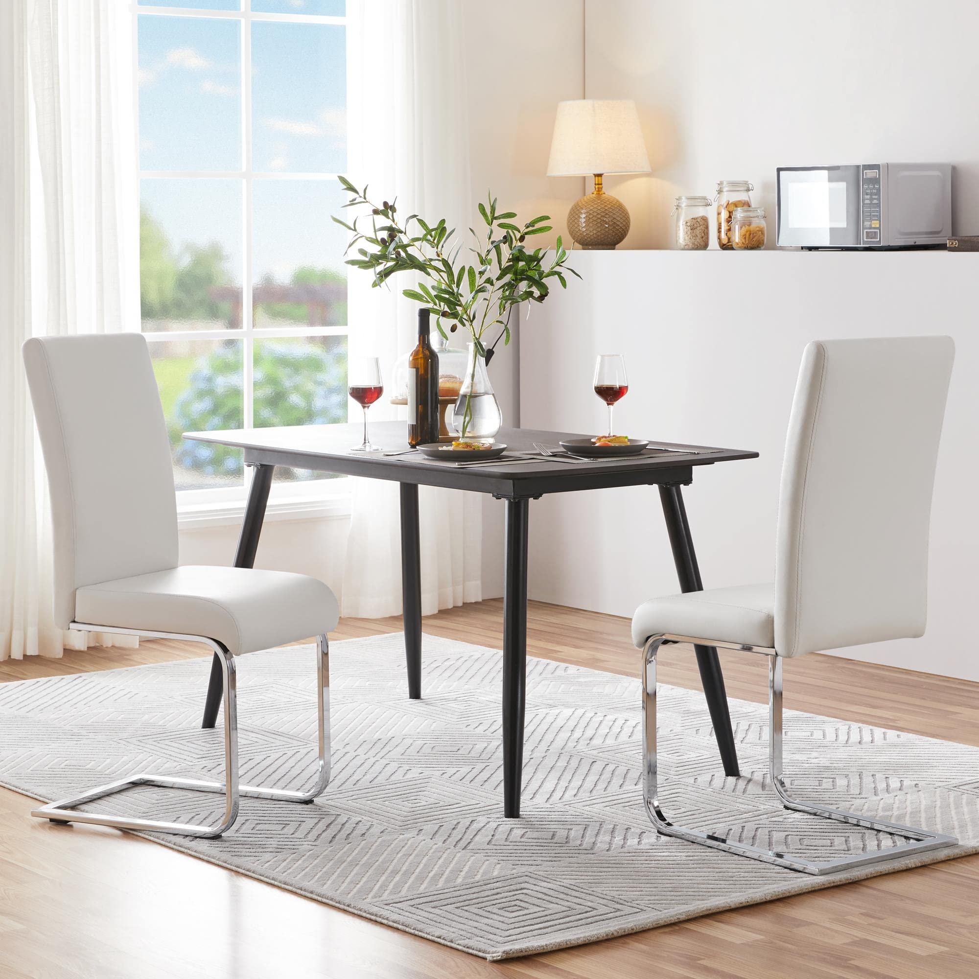 Premium White Leather Dining Chairs Set of 2 - Modern Padded Seat Metal Leg Chairs for Dining Room, Kitchen & Living Room - Elegant Home Furniture for Family Gatherings & Dinner Parties