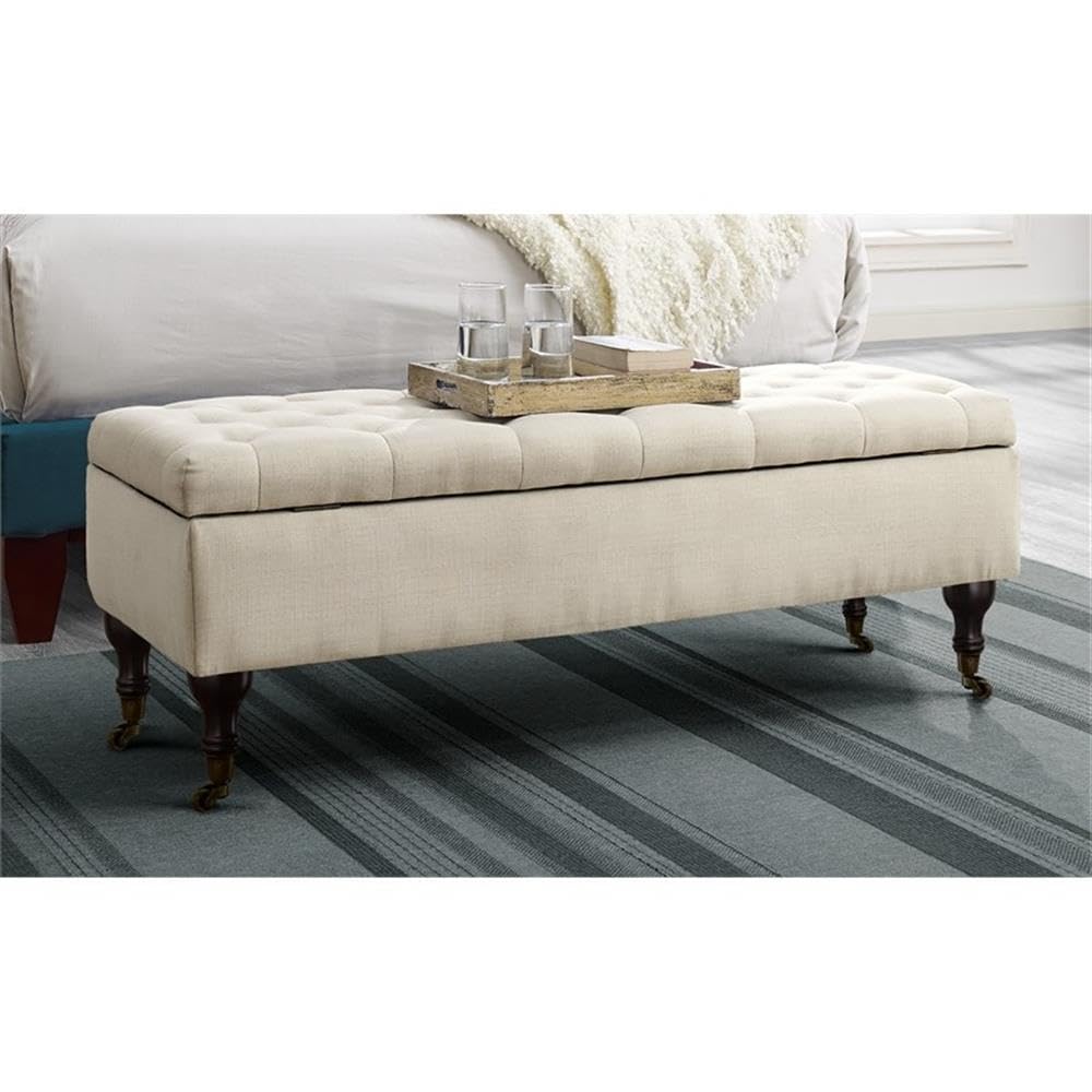 Elle Decor Collette Tufted Storage Bench - Cream Ottoman for Bedroom & Living Room