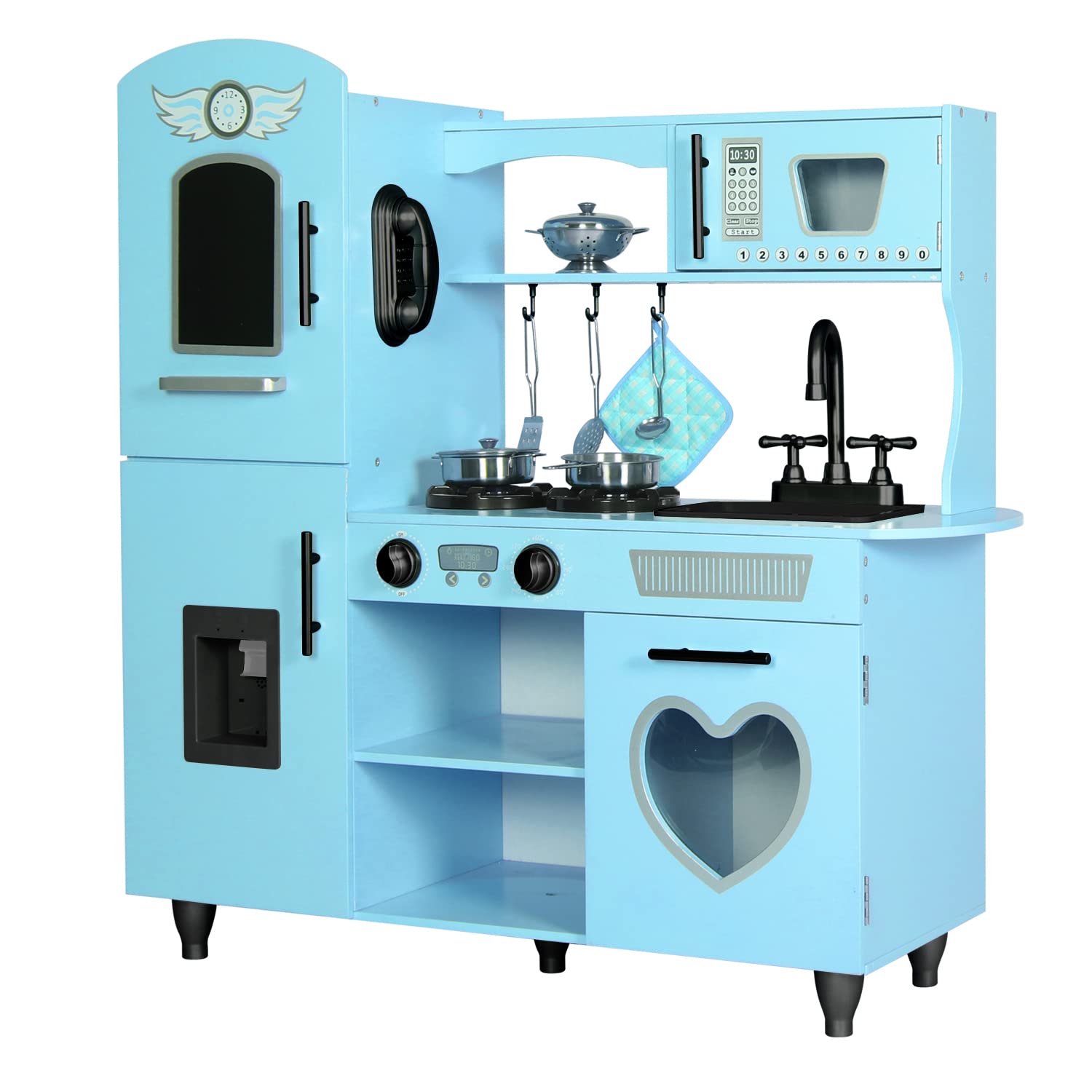 Blue Wooden Toy Kitchen Playset for Kids Ages 4-8 - Interactive Pretend Play with Lights & Sounds - Perfect Gift for Boys & Girls - Ideal for Home, Preschool & Role-Playing Activities