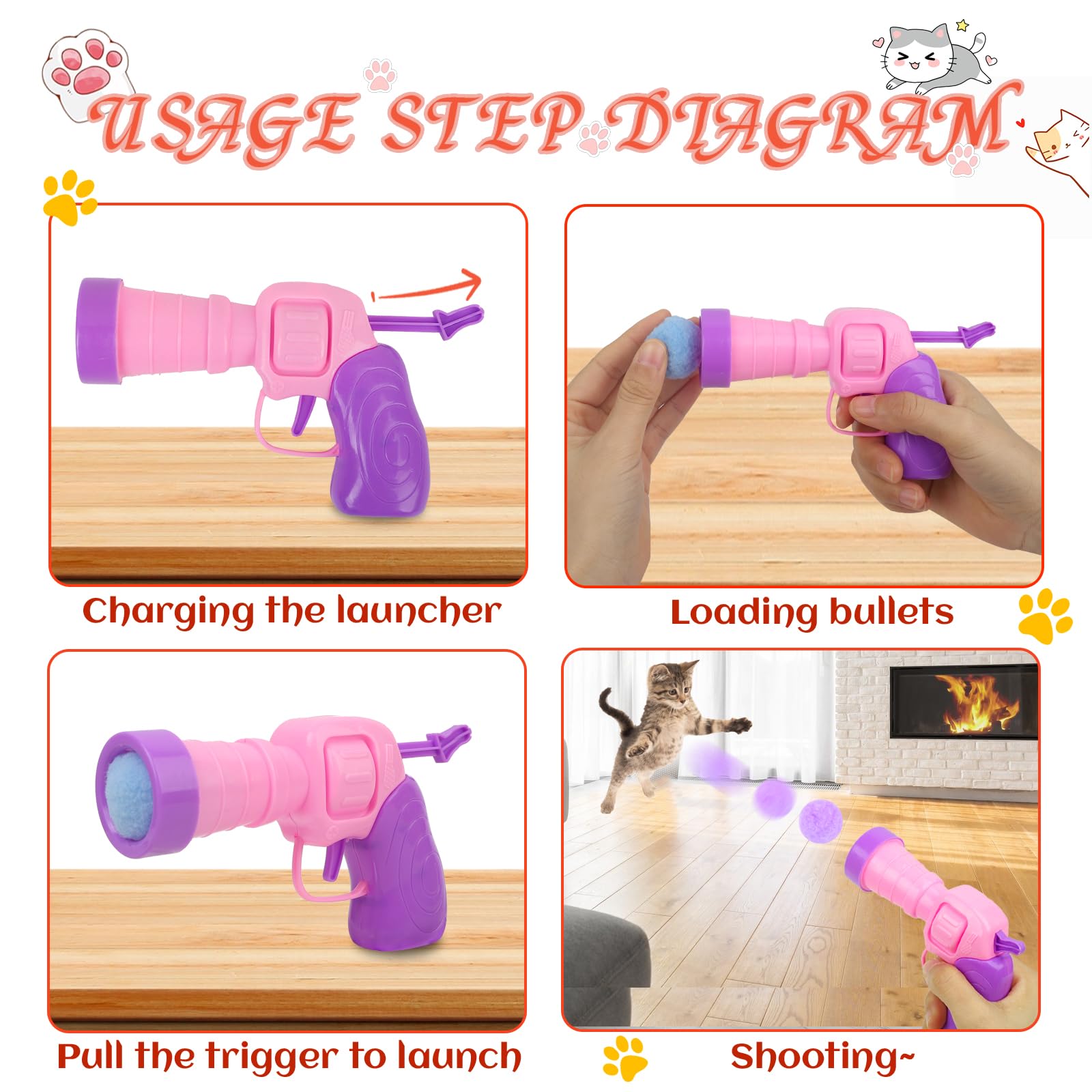 Silent Plush Elastic Cat Ball Launcher Toy with 80 Pom Pom Balls - Interactive Kitty Toy for Indoor Exercise & Play - Perfect for Active Cats & Playful Kittens - Great for Bonding & Stimulating Your Feline Friend (Pink)
