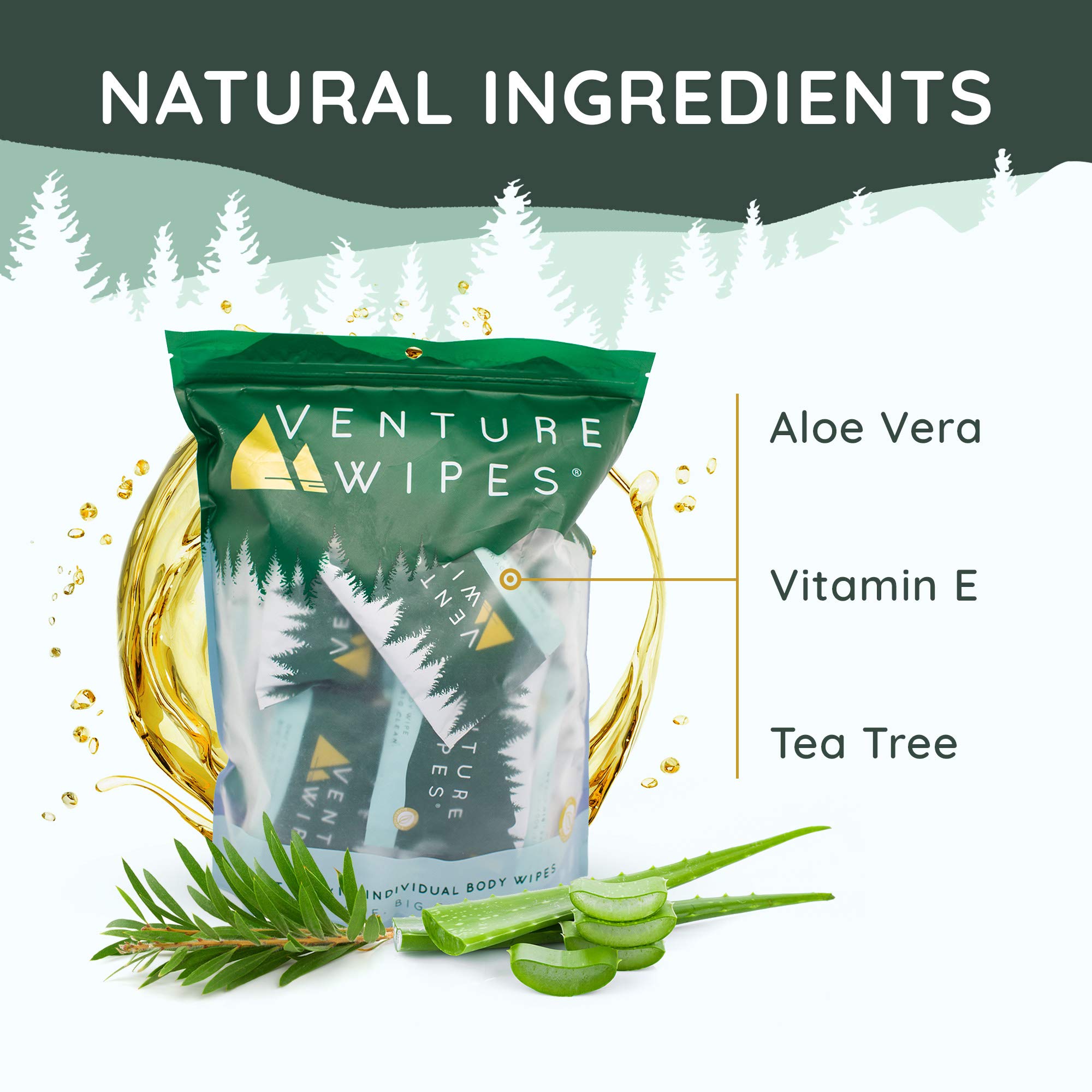 Venture Wipes Tea Tree Oil Body Wipes for Adults - Biodegradable Cleansing Wipes with Aloe & Vitamin E - Individually Wrapped Camping & Travel Essentials - 25 Count Pack - Perfect for Hiking, Gym, Outdoor Adventures & On-the-Go Hygiene