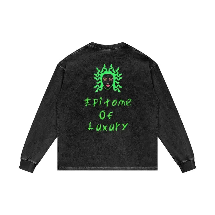 Medusa Graphic Acid Wash Oversized Long Sleeve T-Shirt | 250 GSM Heavyweight Cotton | Streetwear Fashion & Gothic Style Outfit