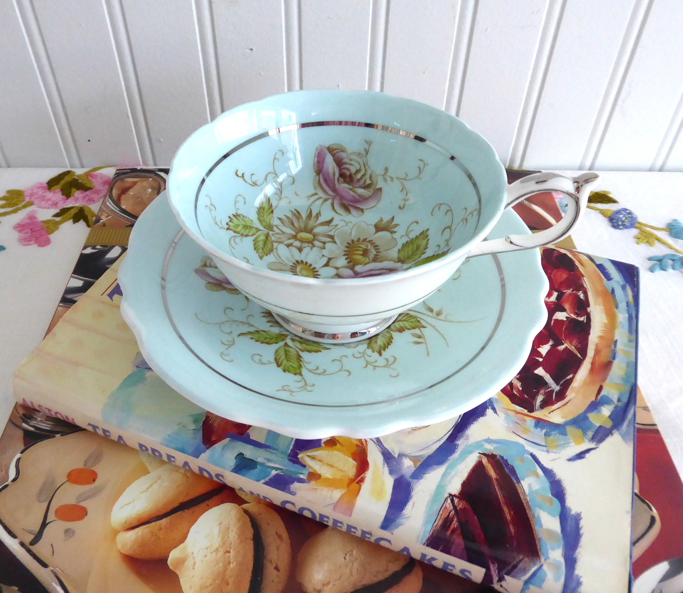 Vintage 1940s Hand-Painted Floral Paragon Cup and Saucer Set - Robin's Egg Blue with Platinum Trim | Elegant Tea Time, Bridal Shower, and Antique Collectible