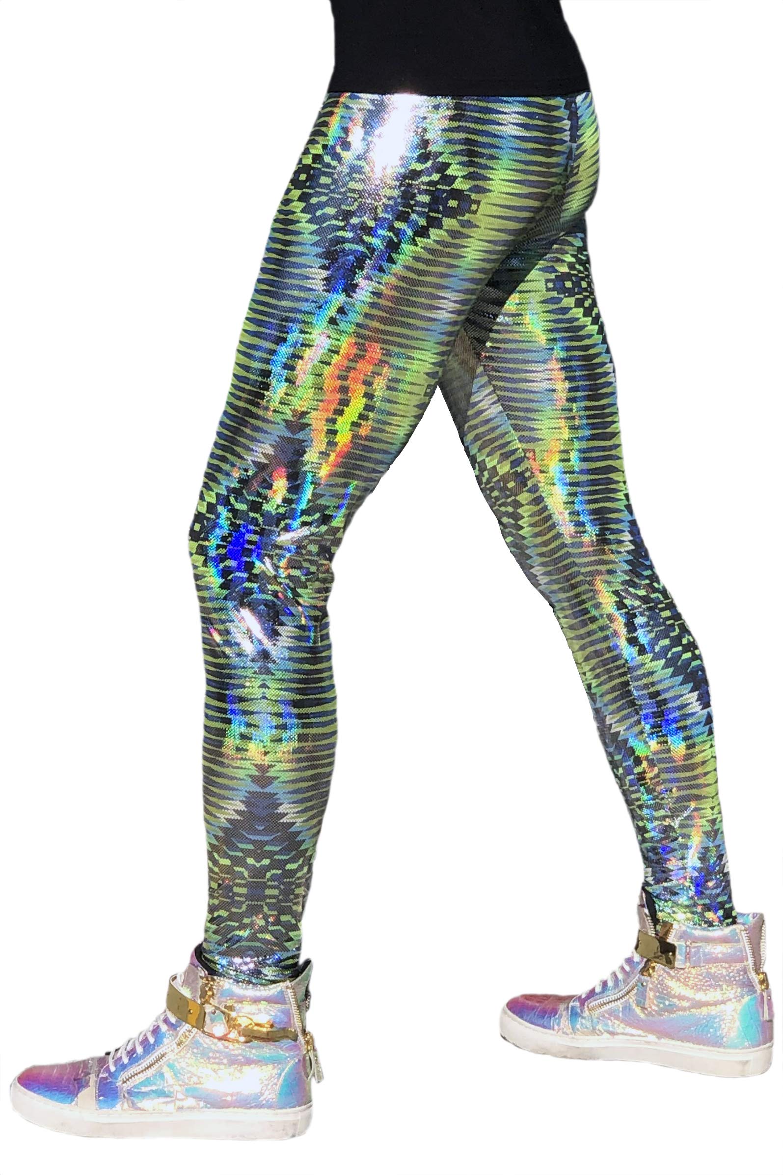 Funstigators Festival Clothing: Men's Holographic Disco Meggings - Made in USA | Rave Wear, EDM Parties & Music Festival Outfits