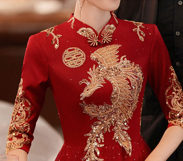 Elegant Burgundy A-Line Phoenix Wedding Qi Pao Cheongsam Dress for Brides - Perfect for Traditional Chinese Weddings, Tea Ceremonies & Cultural Celebrations