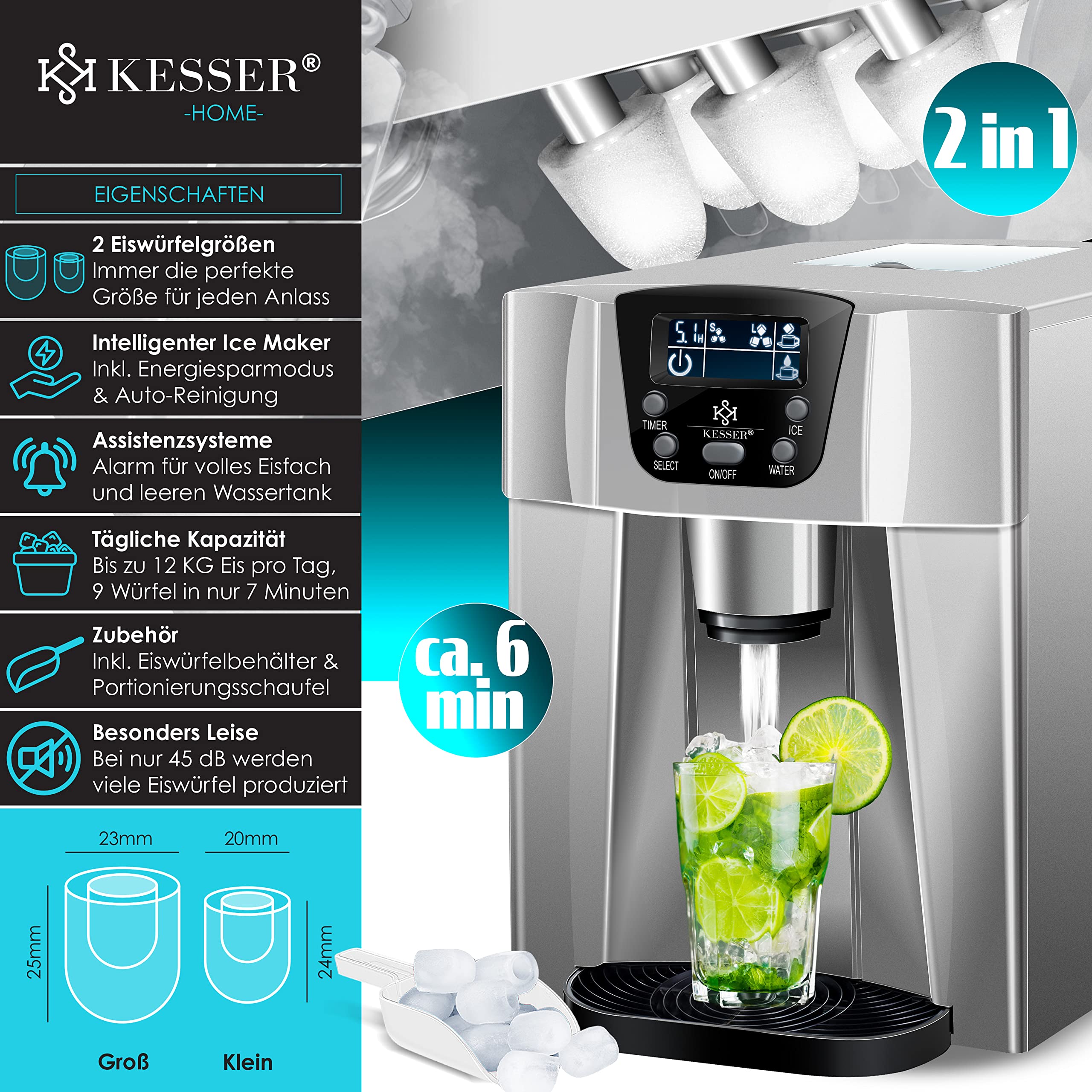 KESSER® Stainless Steel Ice Maker Machine - 100W, 12kg/24h, 2 Ice Cube Sizes, 6-Minute Fast Freeze, 2L Water Tank - Perfect for Home, Office, Parties & Outdoor Use