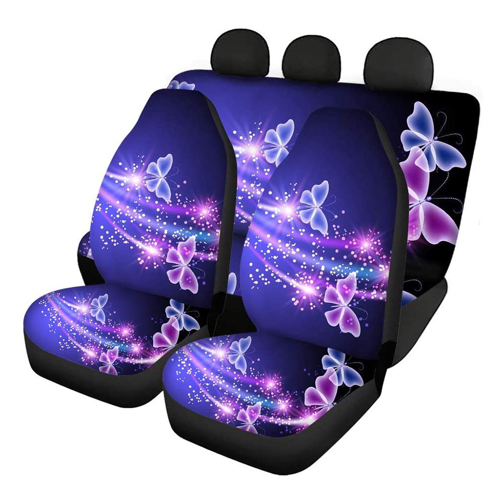 Binienty Shiny Purple Butterfly Pattern Universal Car Seat Covers Set (4-Piece) - Front & Rear Seat Protectors for Most Vehicles | Women's Car Accessories | Perfect for Daily Commute, Road Trips & Gift Giving