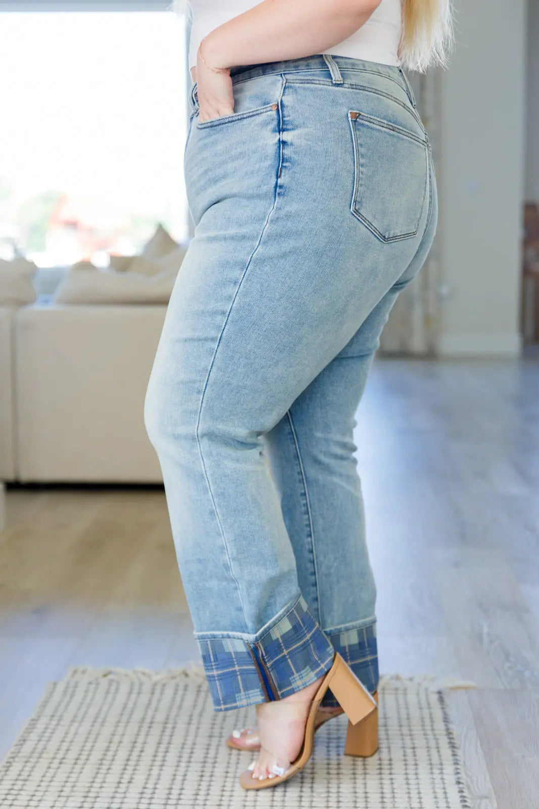 Miranda High Rise Plaid Cuff Vintage Straight Jeans for Women - Classic Retro Denim Pants with Checkered Hem Detail | Perfect for Casual Outfits, Date Nights & 90s Fashion Looks