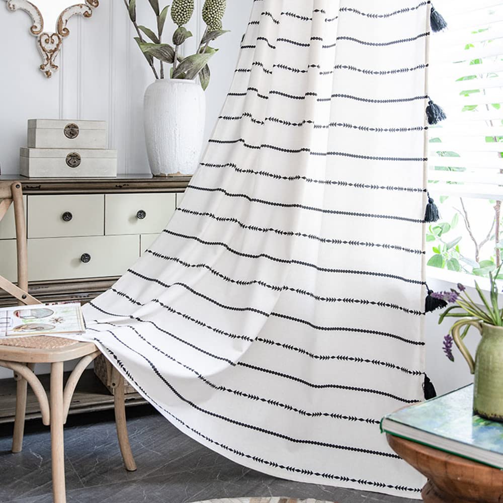 Black and White Striped Tassel Kitchen Valances for Windows - 59W x 84L Pairs, Perfect for Modern Farmhouse and Coastal Home Decor