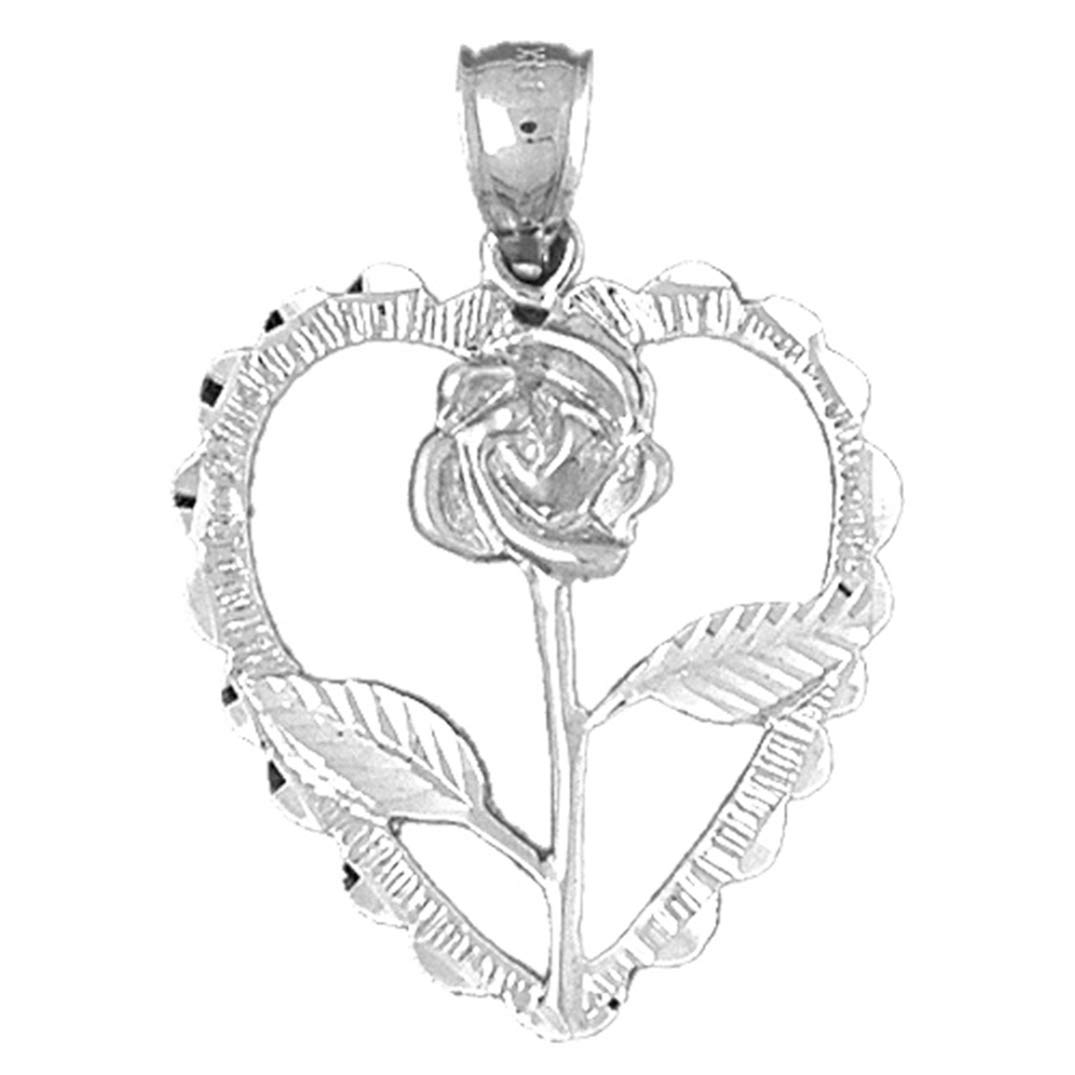 14K White Gold Heart Rose Pendant Necklace - 33mm Elegant Jewelry for Women, Perfect Gift for Valentine's Day, Anniversary & Romantic Occasions