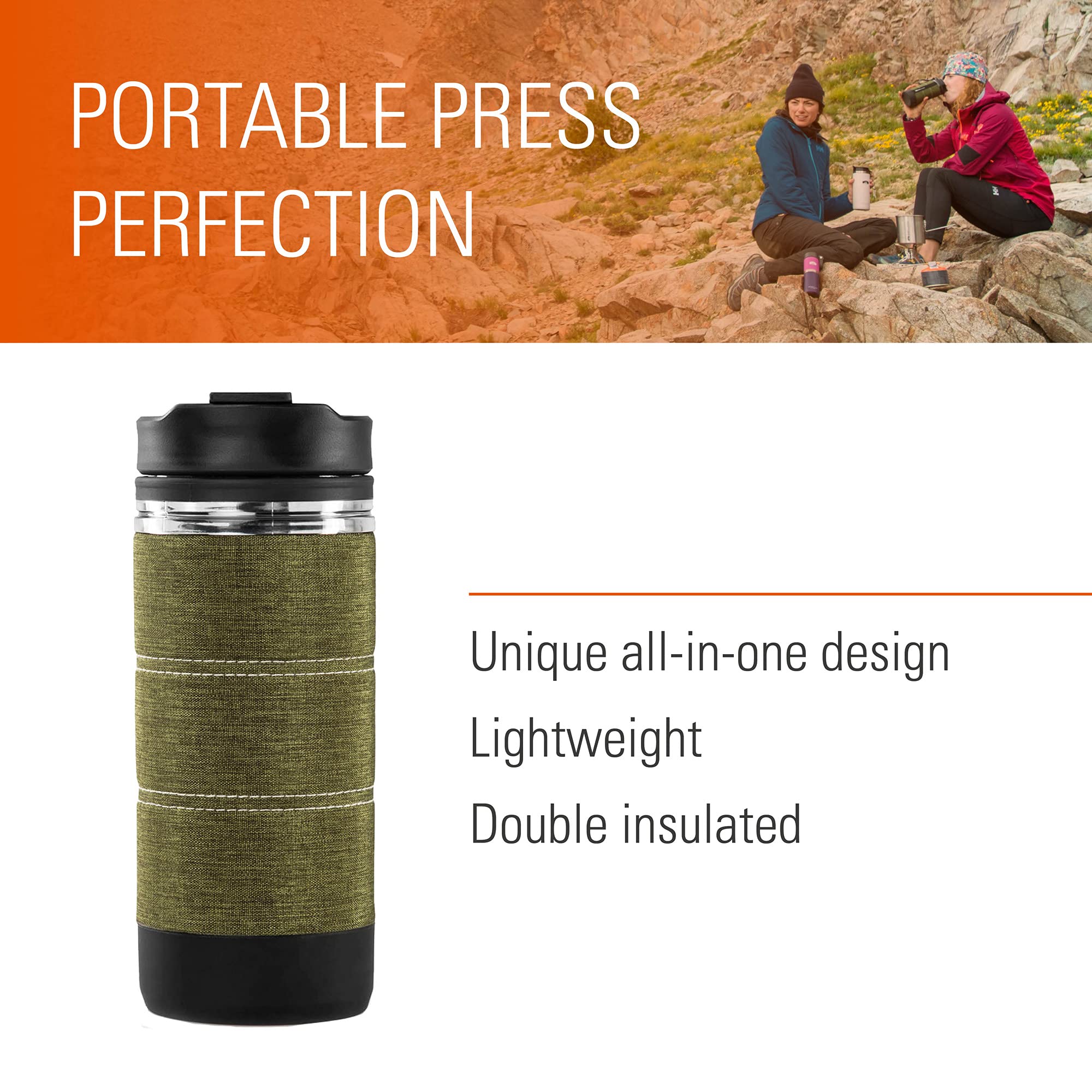 GSI Outdoors Commuter JavaPress - Portable French Press Coffee Maker for Camping, Hiking & Travel | Stainless Steel Insulated Coffee Press for Outdoor Adventures