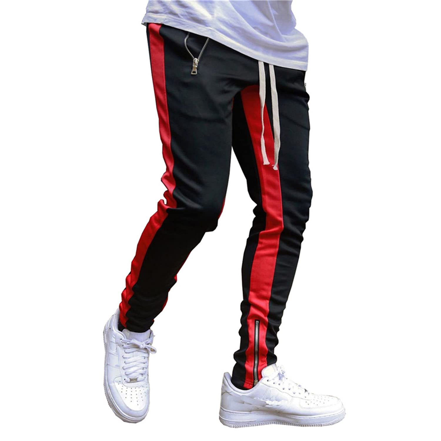 Men's Skinny Stripe Elastic Jogger Sweatpants - Slim Fit Tapered Track Pants with Drawstring Waist & Zipper Pockets (Black, Large) | Casual Workout, Lounge & Streetwear Style
