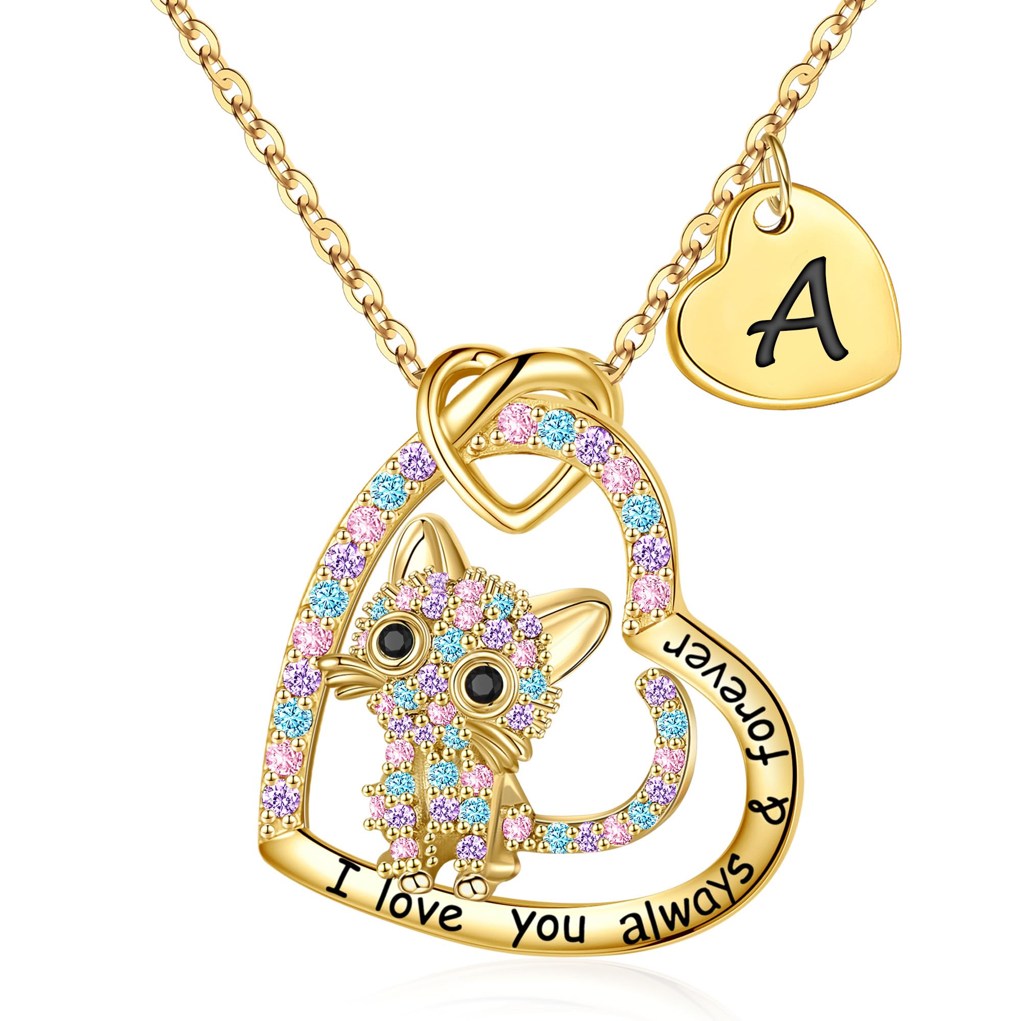 18K Gold Plated CZ Heart Cat Pendant Necklace for Women - Personalized Initial Cat Jewelry, Birthday & Christmas Gift for Cat Lovers - Perfect for Casual Wear, Date Nights & Special Occasions