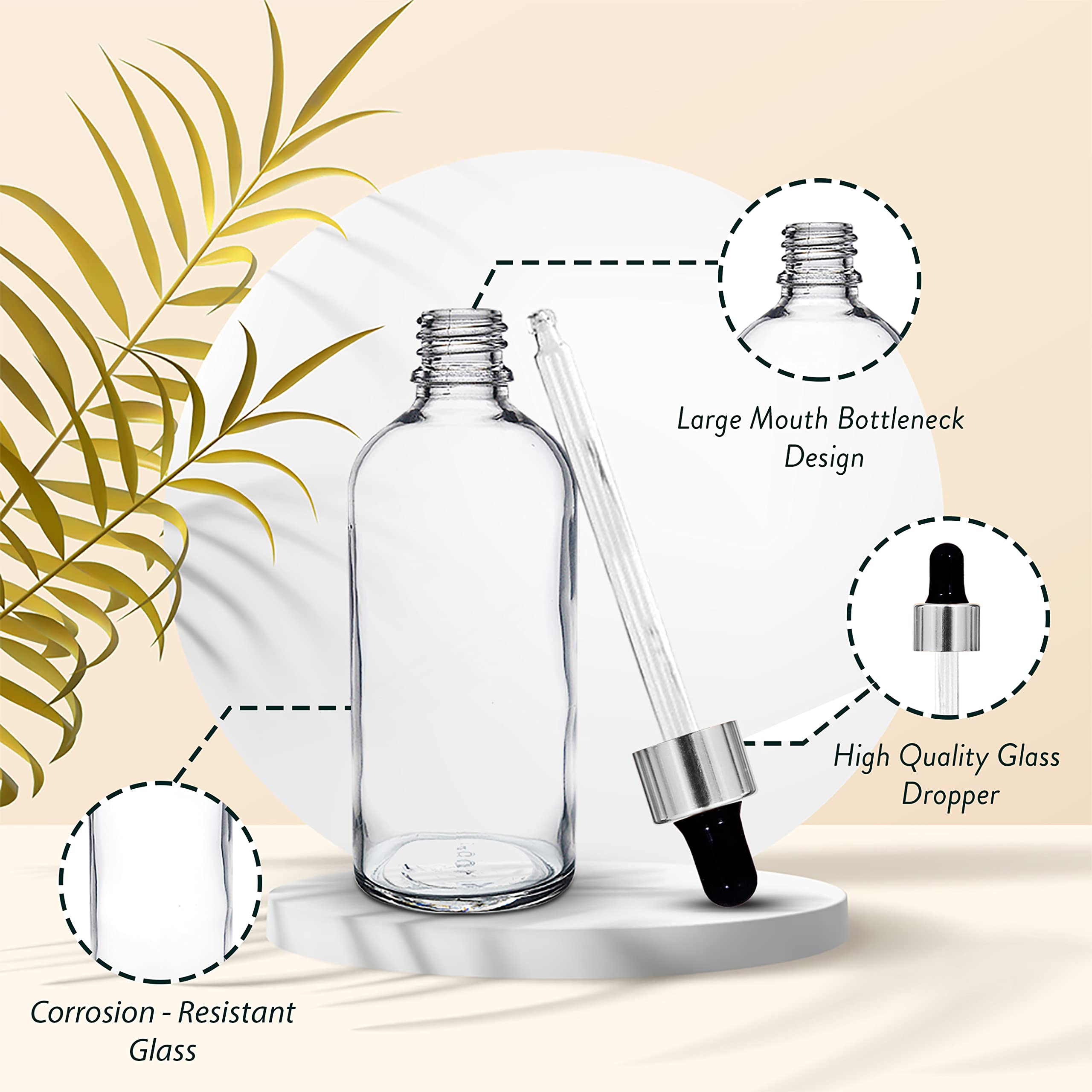 NSB Herbals 100ml Clear Round Empty Glass Bottle with Glass Dropper & Silver Ring - Refillable Essential Oil Bottle, Perfume Dropper Bottle - Perfect for DIY Essential Oils, Aromatherapy, Perfume Making & Liquid Storage
