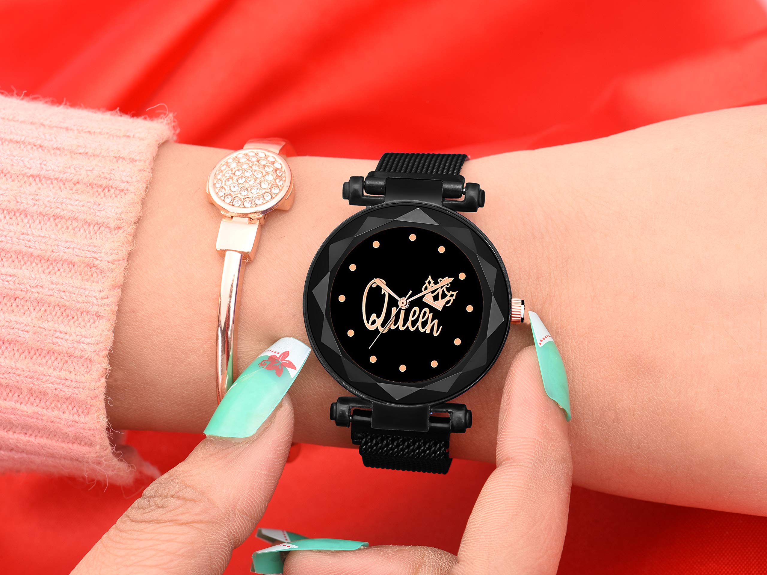 Elegant Casera Queen Dial Magnetic Strap Watch for Women - Black & Rose Gold | Perfect for Office, Party & Everyday Wear