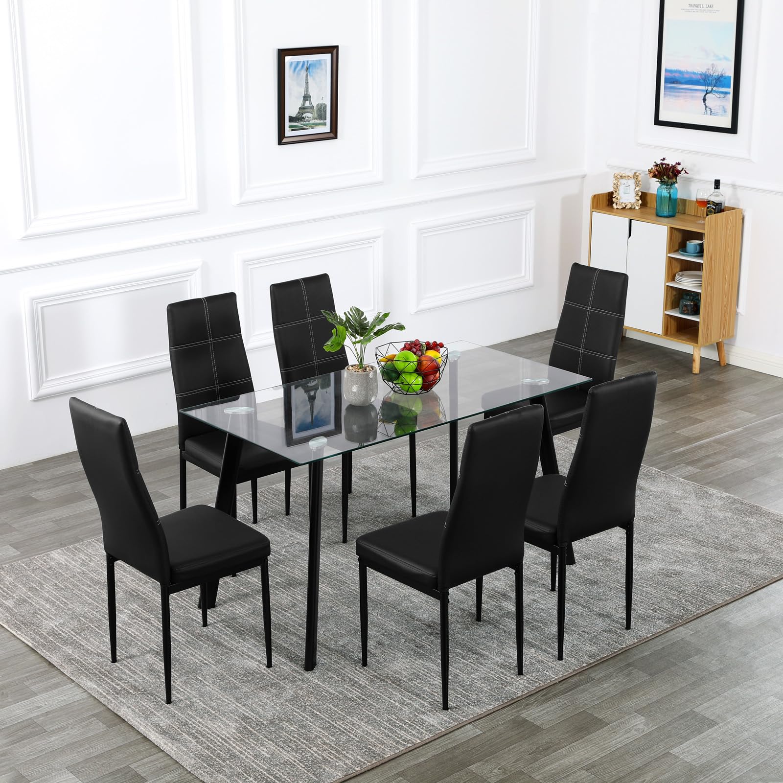 Bonnlo 7-Piece Glass Dining Table Set for 6 with PU Leather Chairs - Modern Kitchen & Dining Room Table with Metal Frame (Clear Glass & Black) - Perfect for Family Dinners, Entertaining Guests, and Small Space Dining Areas