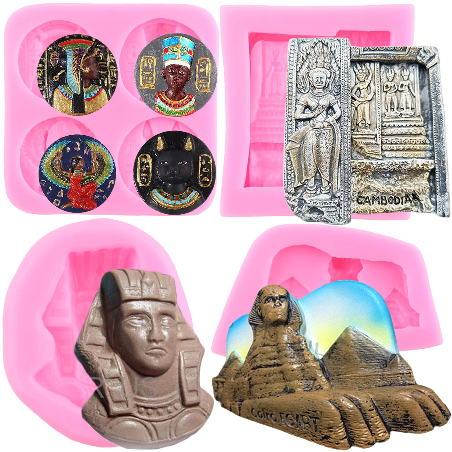 Antique Egyptian Coin Silicone Mold Set - Pharaoh, Mummy, Sphinx Fondant Molds for Cake Decorating, Chocolate, Candy, Polymer Clay & Gum Paste (4-Piece Set) - Perfect for DIY Baking, Candy Making, and Craft Projects