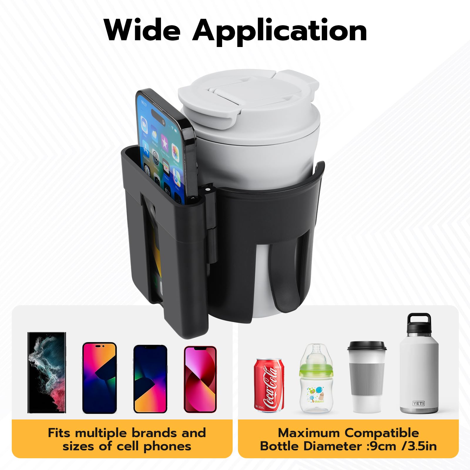 2-in-1 Universal Cup Holder with Phone Mount - Removable Dual Cup & Phone Holder for Car, Boat, Stroller, Wheelchair, Bicycle, Golf Cart - Perfect for Travel, Outdoor Activities and Daily Commute [Black]