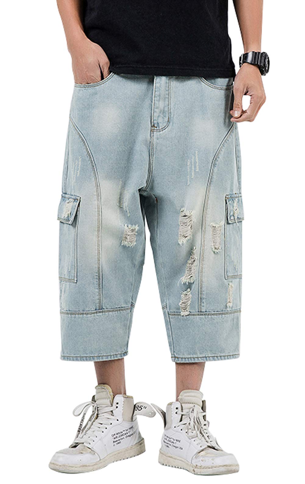 Men's Loose-Fit Ripped Harem Capri Jeans - Baggy Denim Cargo Shorts with Pockets | Casual Streetwear for Summer Outfits & Hip Hop Fashion