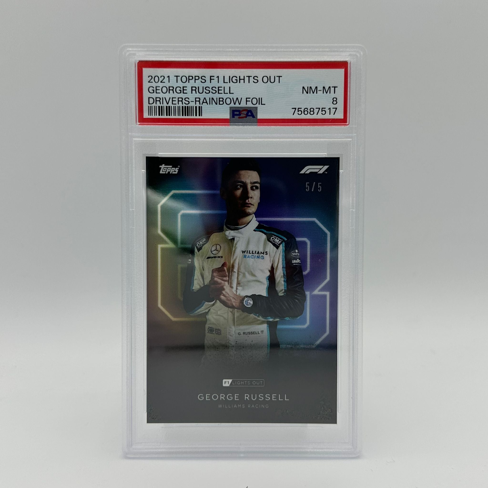 PSA 8 George Russell 5/5 Rainbow Foil F1 Driver Trading Card - Perfect for Collectors, Sports Memorabilia & F1 Racing Fans