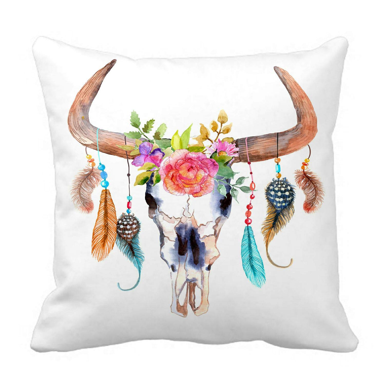 ABPHQTO Watercolor Bull Skull with Flowers & Feathers Decorative Pillow Cover - 18x18 Inch Reversible Cushion Case for Sofa, Bed, Living Room - Boho Home Decor & Western Style Accent