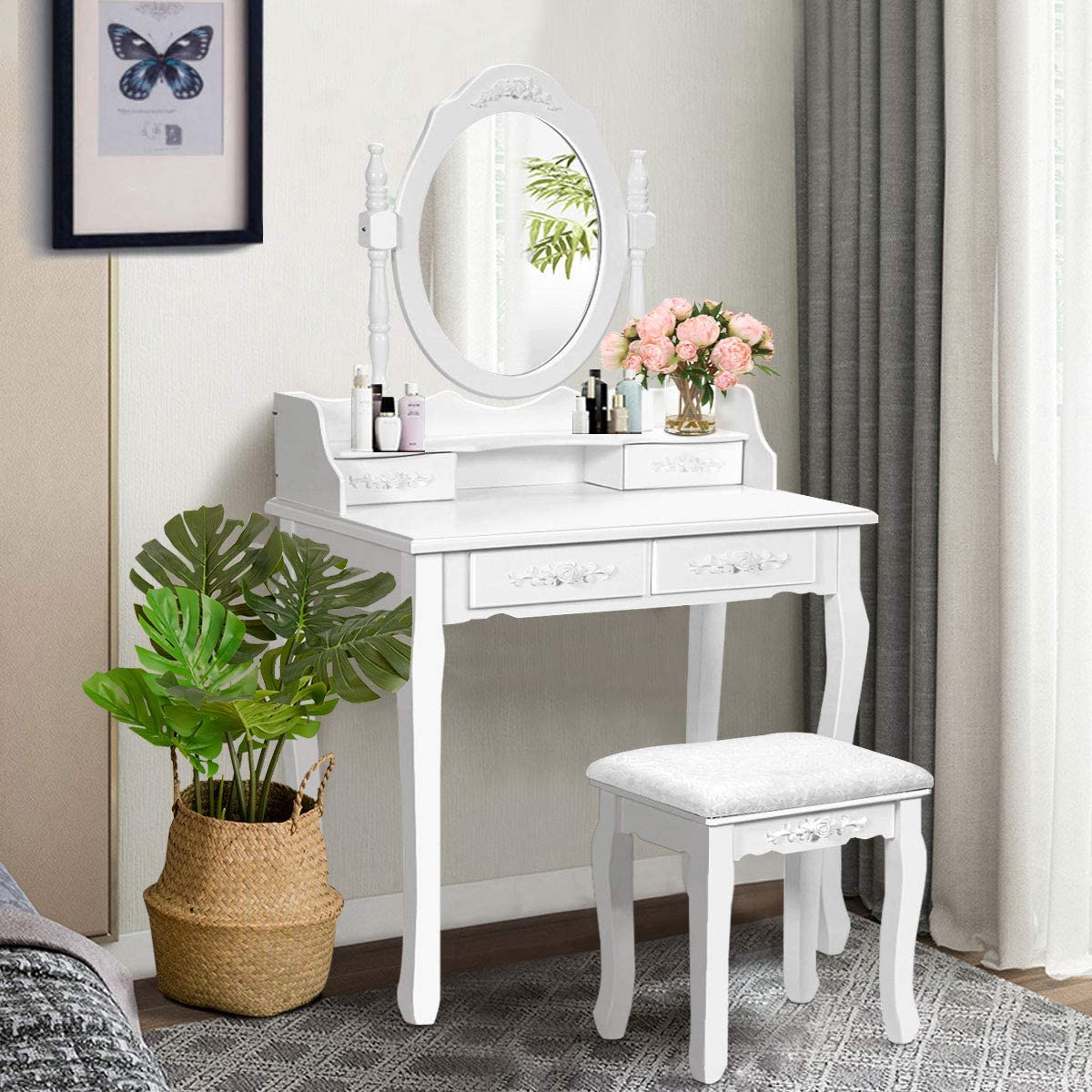 Giantex White Wooden Vanity Table Set with Oval Mirror & 4 Drawers - Makeup Dressing Table with Cushioned Stool, Convertible Writing Desk for Bedroom - Perfect for Kids, Girls & Women (Home Decor, Beauty Routine, Study Desk)