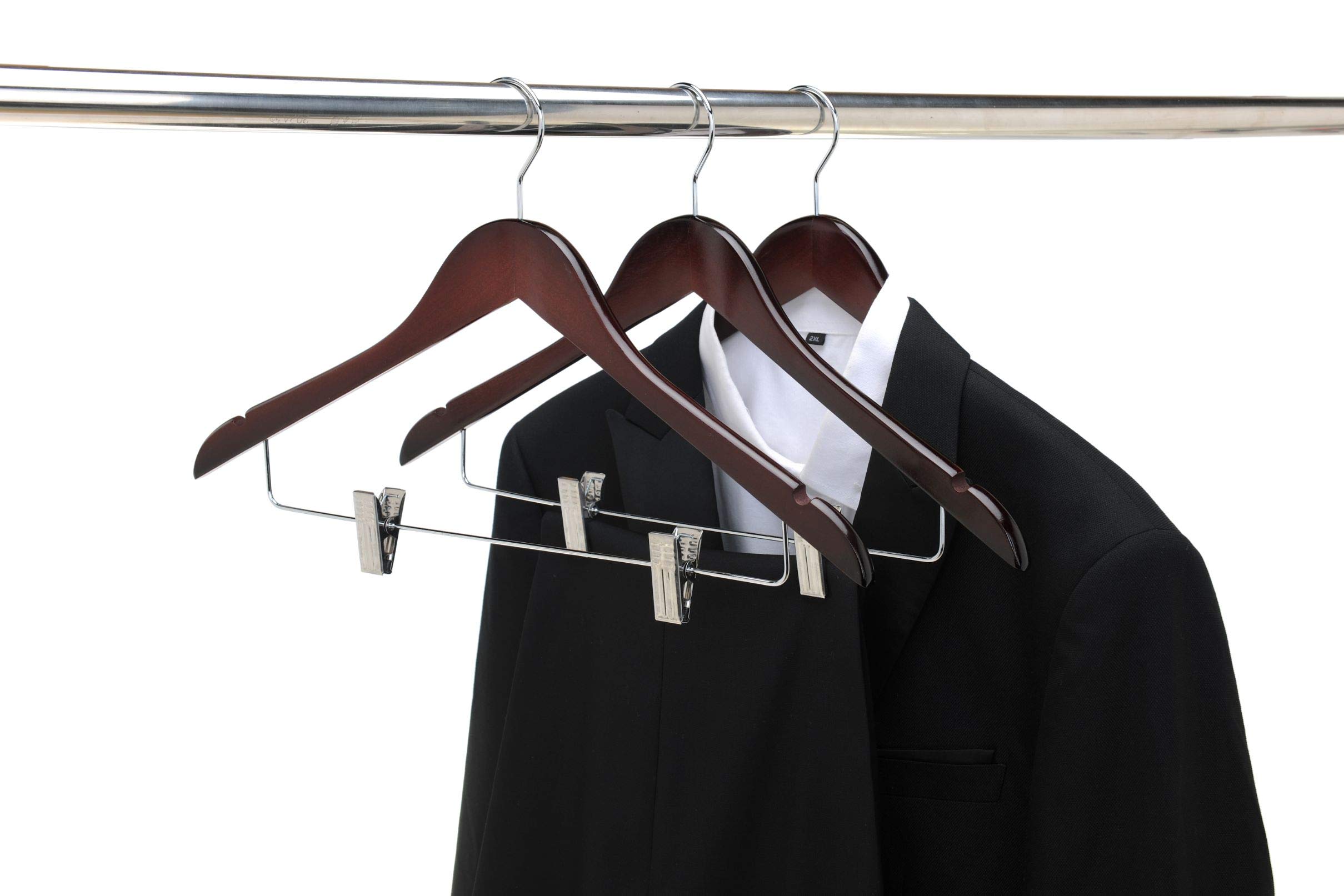 Premium 80-Pack Mahogany Wooden Skirt & Pants Hangers with Adjustable Chrome Metal Clips & Swivel Hook - Heavy Duty Clothes Hangers for Coats, Jackets, Blouses & Suits - Perfect for Closet Organization & Retail Display (Mahogany, 80)