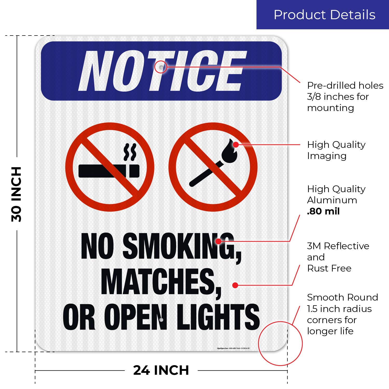 No Smoking, Matches or Open Flames OSHA Warning Sign - 24x30 Inch Reflective Aluminum Sign for Indoor/Outdoor Use | Durable 3M EGP .080 Aluminum, Fade Resistant | Made in USA - Perfect for Factories, Warehouses, Gas Stations & Restricted Areas