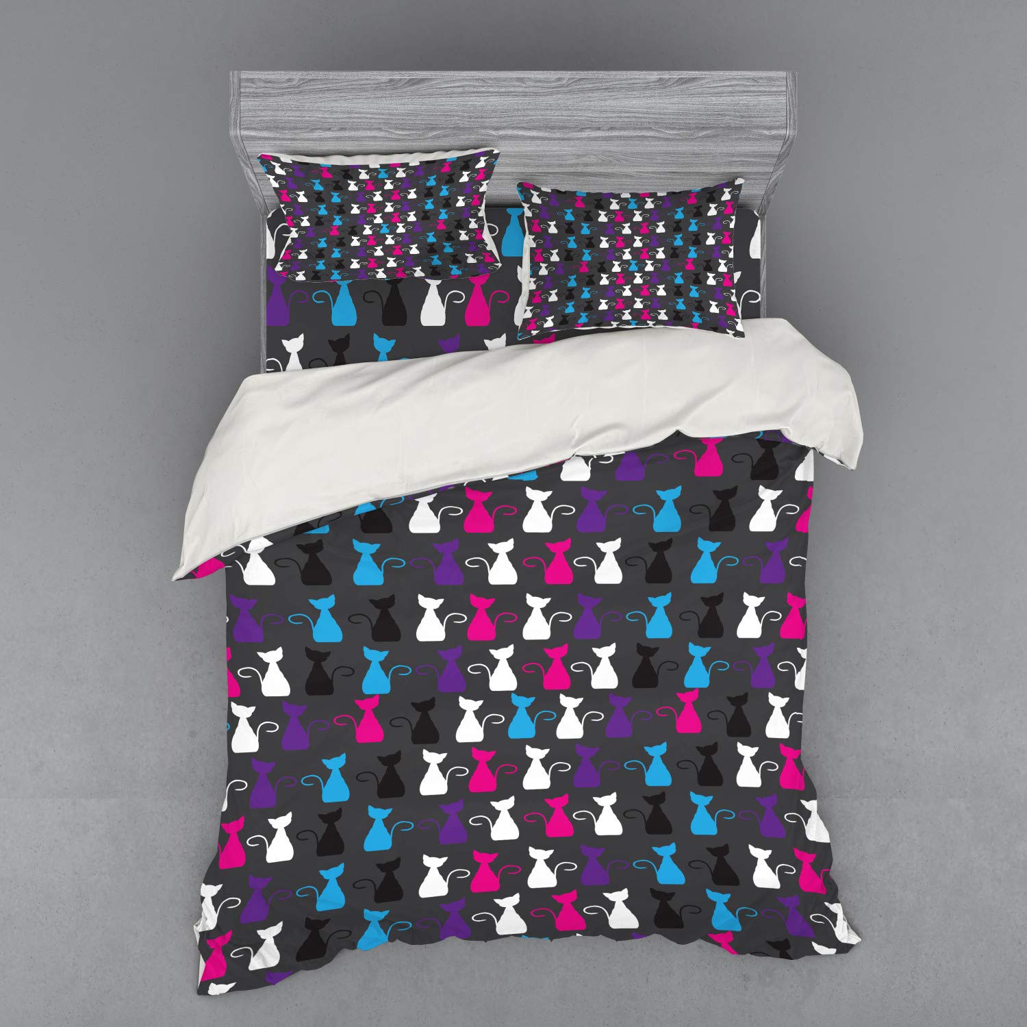 Ambesonne Abstract Animals Art 4-Piece Duvet Cover Set with Shams & Fitted Sheet - Colorful Ornamental Kittens Design, Funny Cat Silhouettes for Cat Lovers, Queen Size Multicolor Bedding - Perfect for Modern Bedrooms & Gift for Cat Enthusiasts