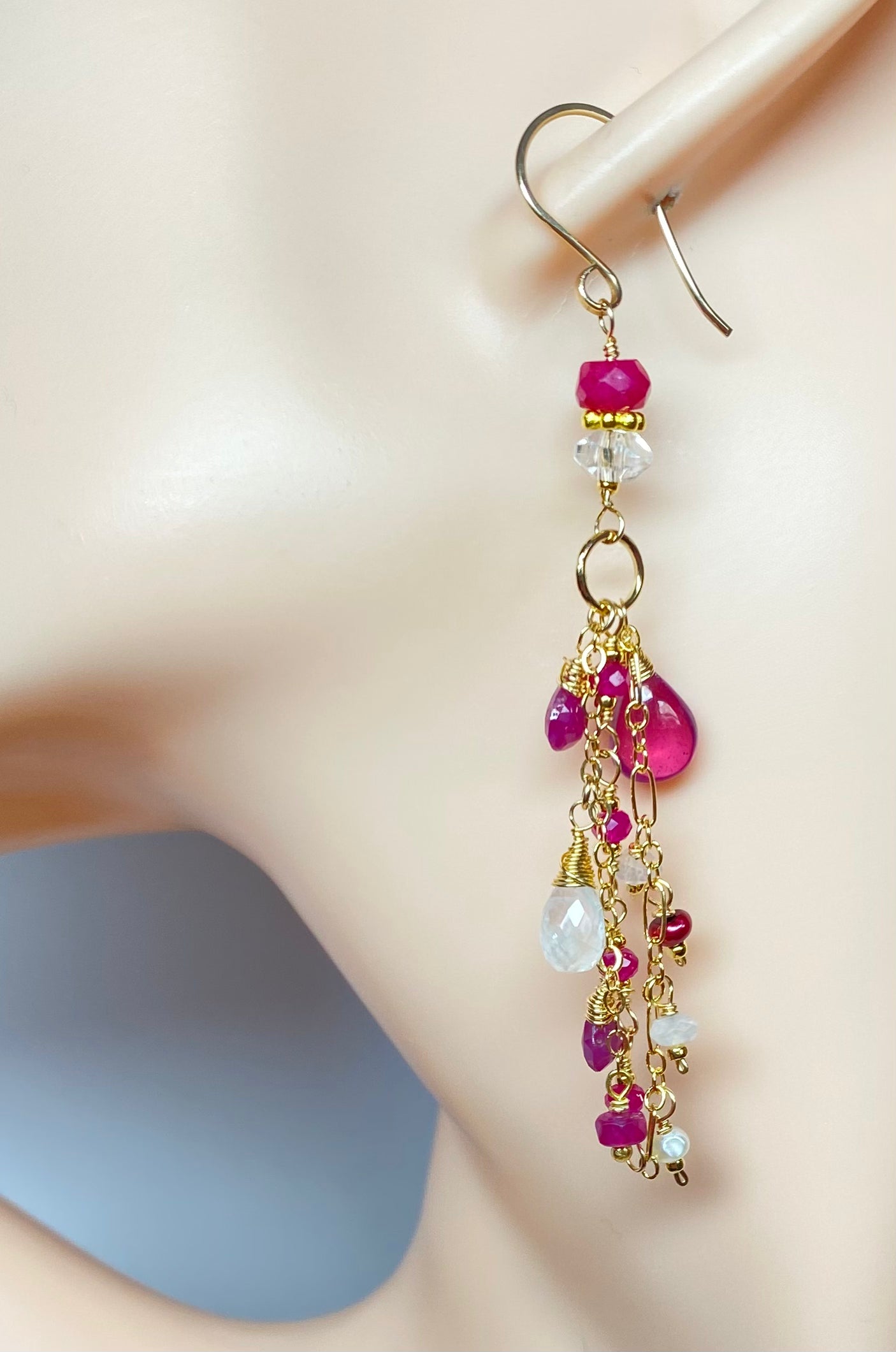 Red Ruby & Pink Sapphire Long Boho Dangle Earrings - Gold Filled with Moonstone Accents | Elegant Boho Jewelry for Women, Perfect for Weddings, Parties & Special Occasions